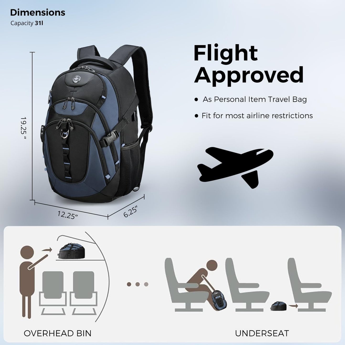 Stylish Travel Laptop Backpack with USB Charging, Fits 15.6" Computer, 31L, Haze2