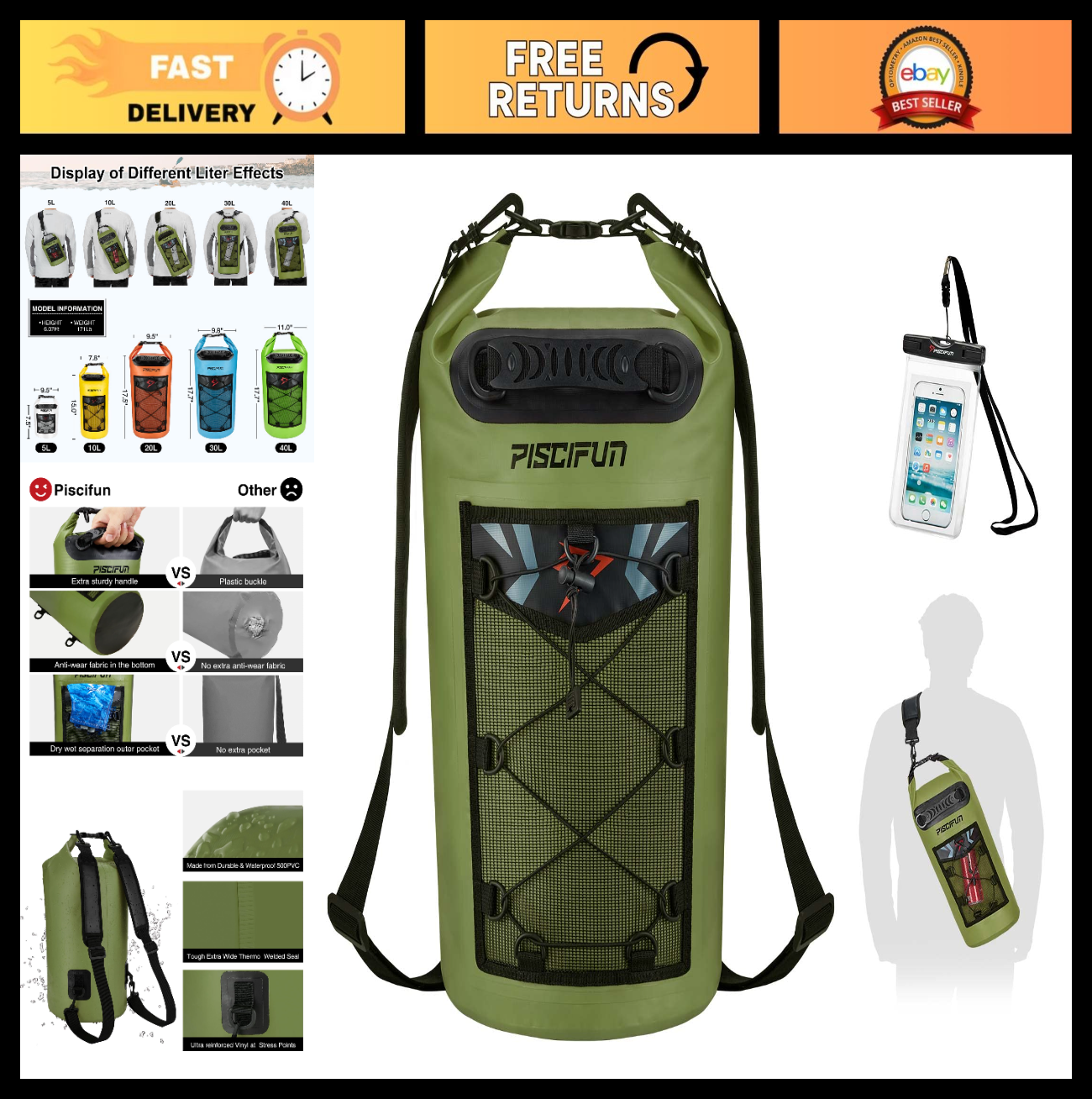 Waterproof Dry Bag Backpack 10L/20L/30L/40L - Floating, Phone Case Included for0