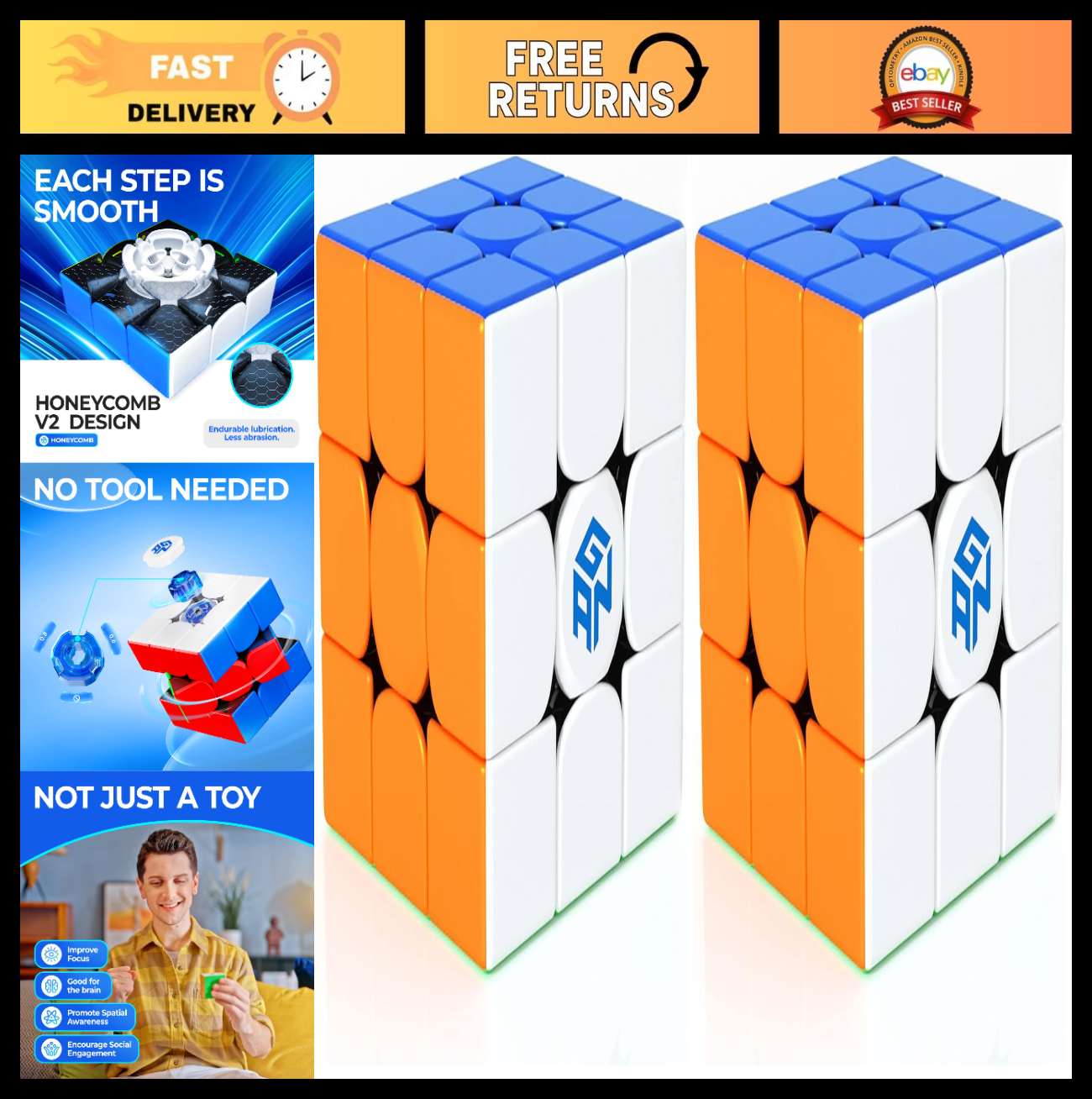 3x3 Speed Cube Set   Stickerless Magic Cube, Non Magnetic, Pack of 2, Fast & Smo0