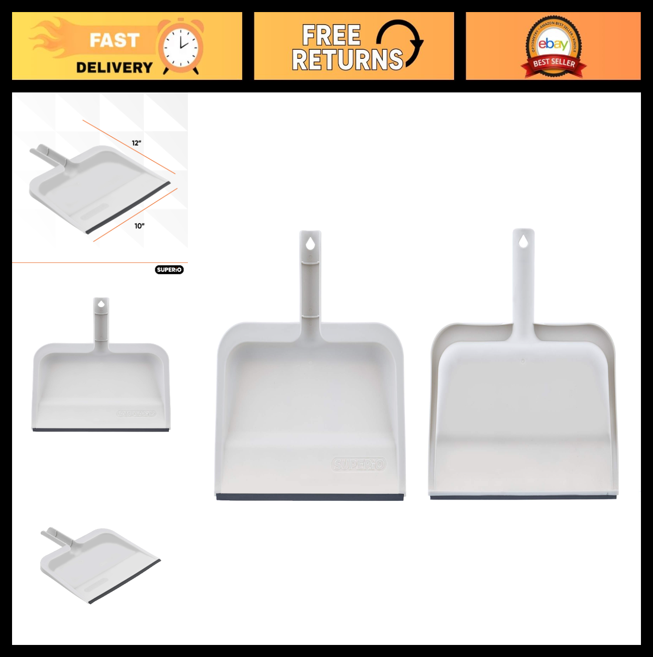 Clip-On Dustpan with Rubber Lip - 10" Durable Plastic, Comfort Grip Handle, 2-Pa0