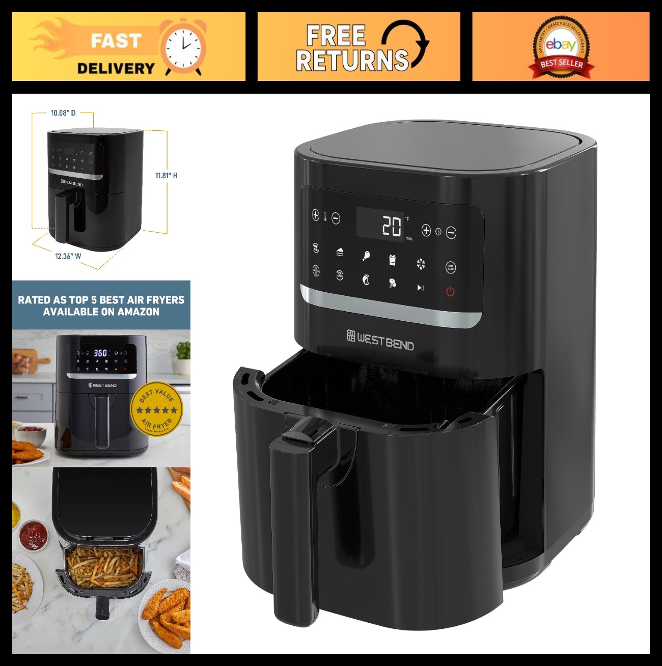 Compact 5 Quart Air Fryer with Digital Controls, LCD Display, 10 Presets, Nonsti0
