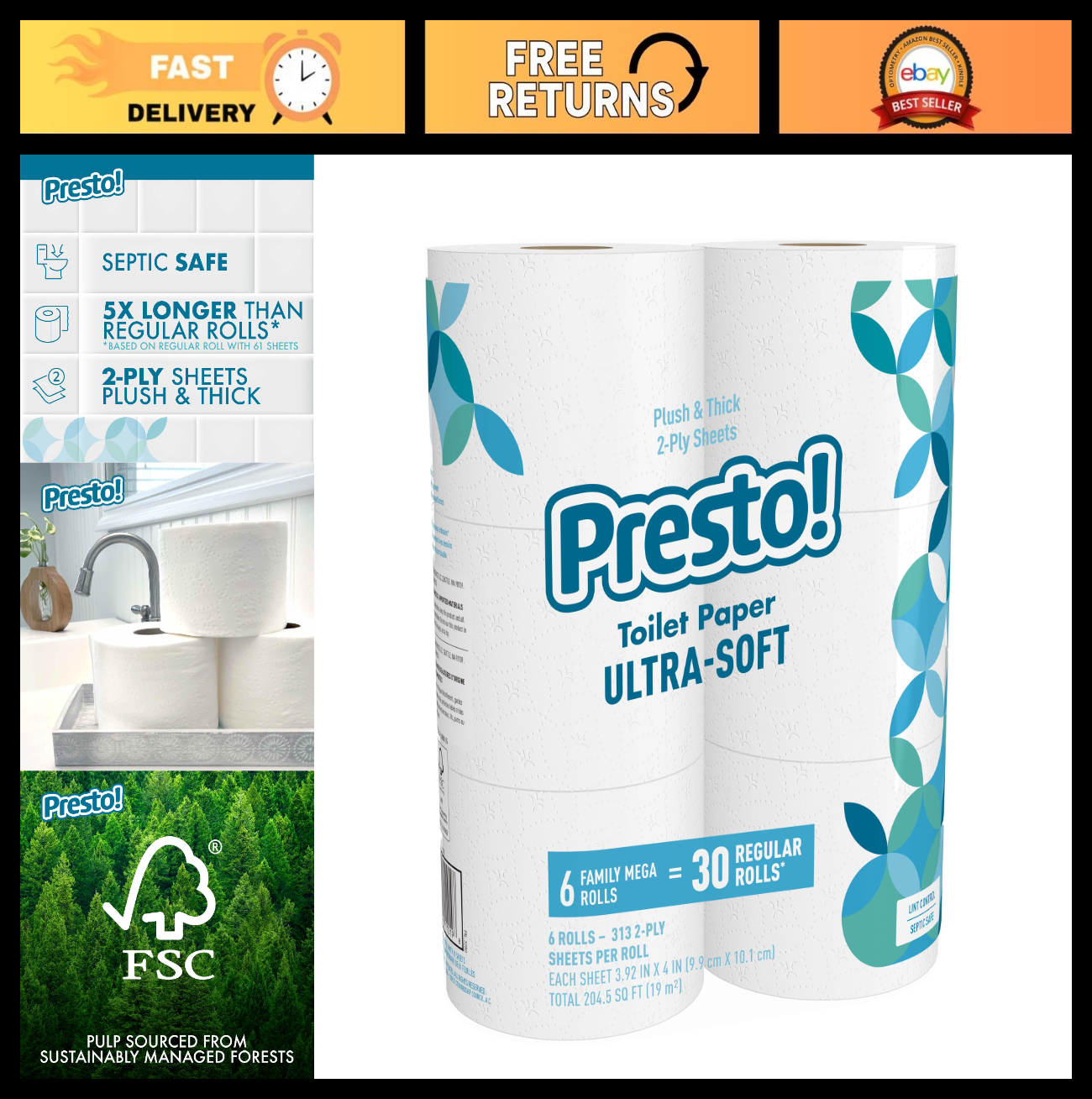 Ultra Soft 2 Ply Toilet Paper, 6 Mega Rolls = 30 Regular Rolls, 1878 Sheets, Uns0