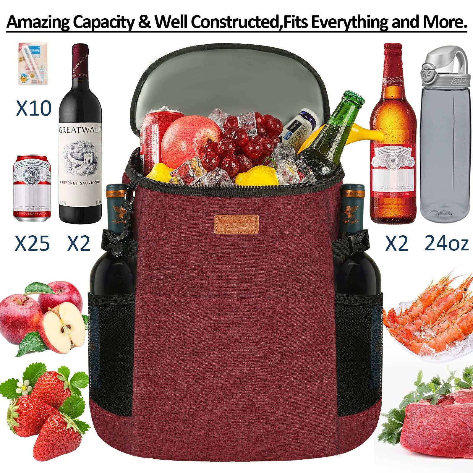 Insulated Camping Cooler Backpack - Holds 30-45 Cans, Waterproof, Leak-Proof for4