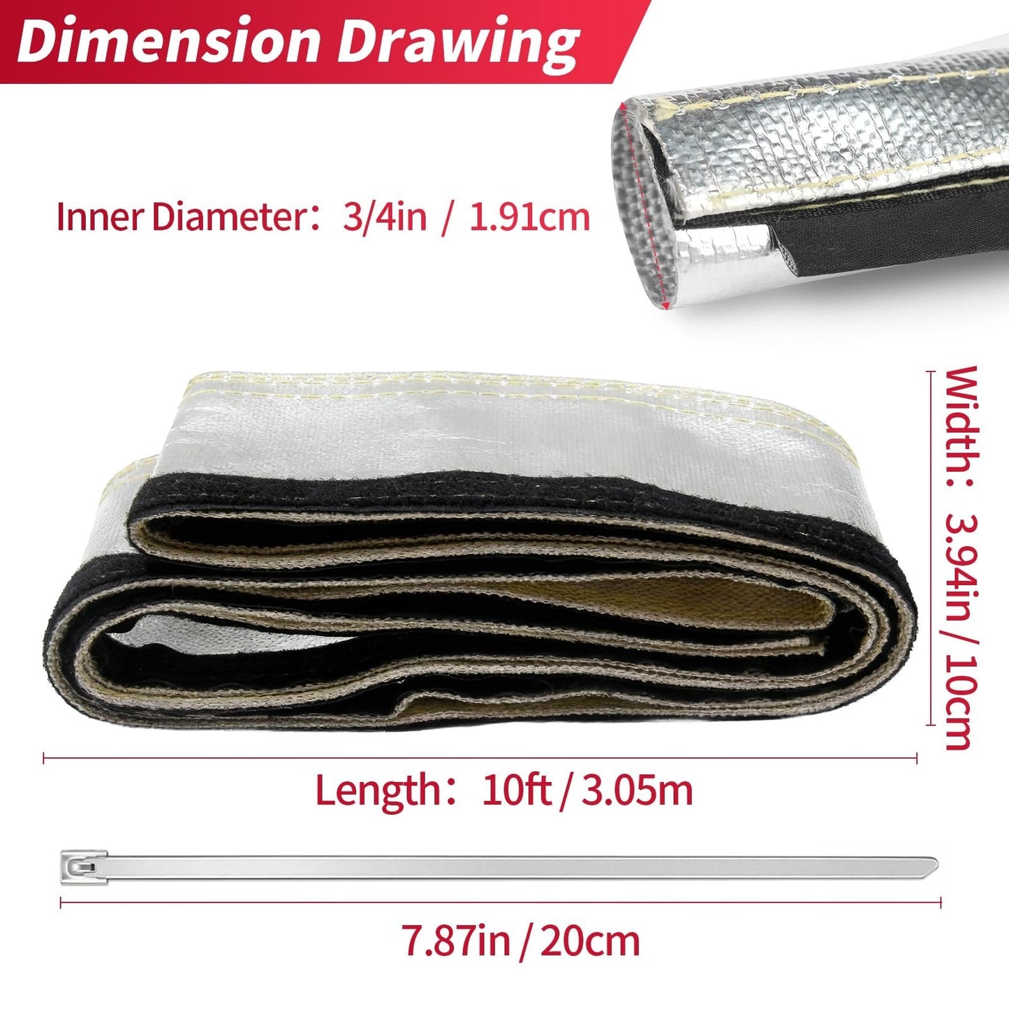 Aluminized Heat Shield Sleeve 3/4" ID x 10FT | Wire & Hose Protection Wrap, 10 T2