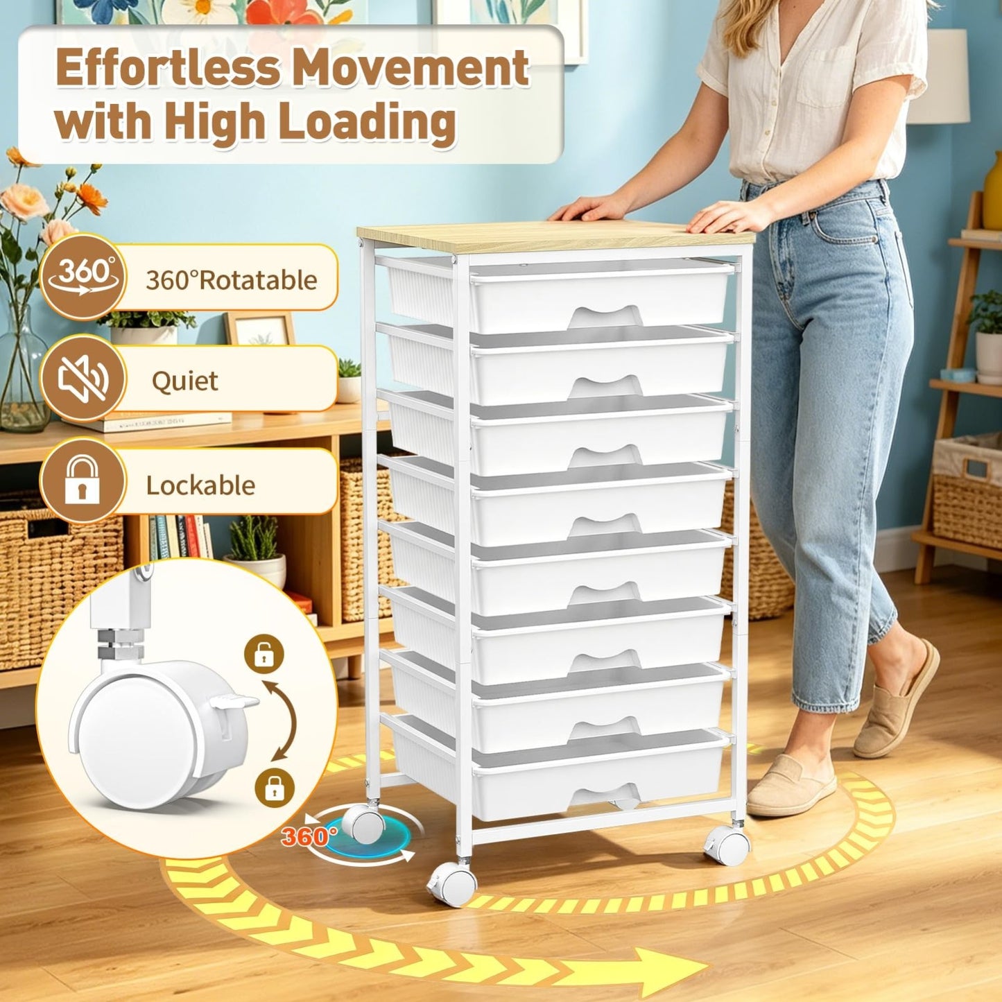 8 Drawer Rolling Cart with Wooden Top & Lockable Wheels   Craft & Office Storage5