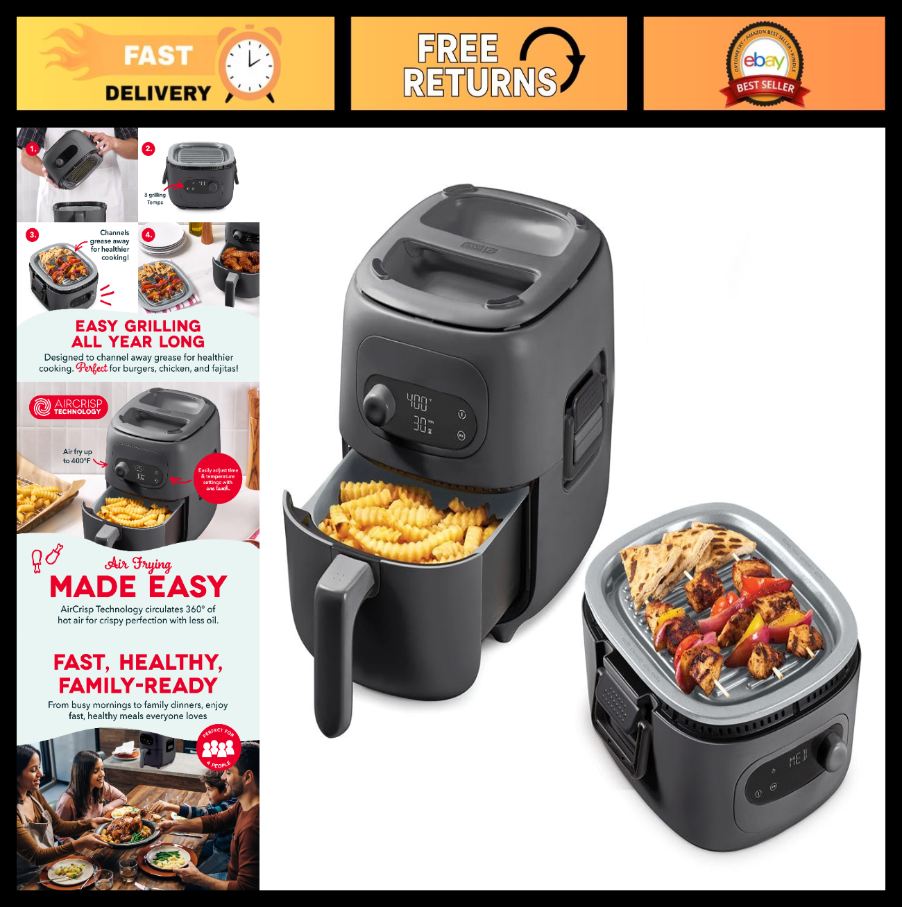 2-in-1 Air Fryer & Grill, 3 QT Capacity, Healthy Cooking, Non-Stick, Versatile0
