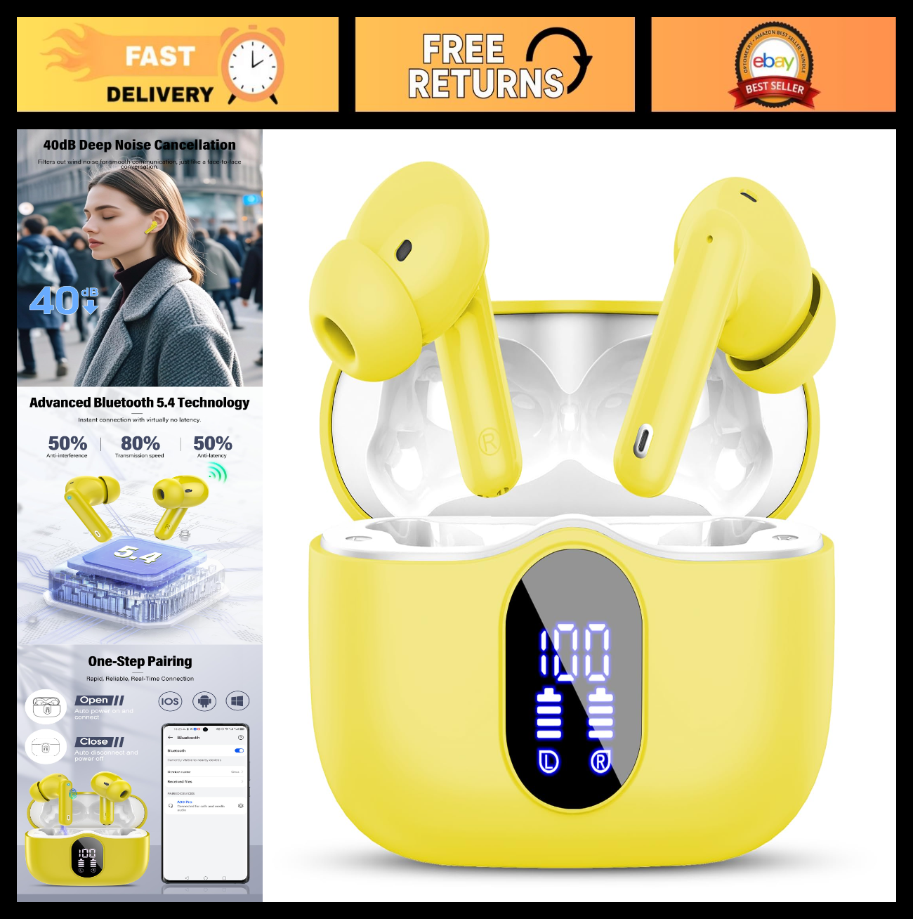 Wireless Bluetooth 5.4 Earbuds, Noise Cancelling, IP7 Waterproof, 36H Playtime,0