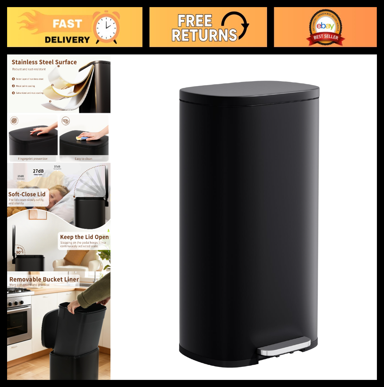 Stainless Steel Trash Can with Lid, Removable Inner Bucket, Foot Pedal, Soft Clo0