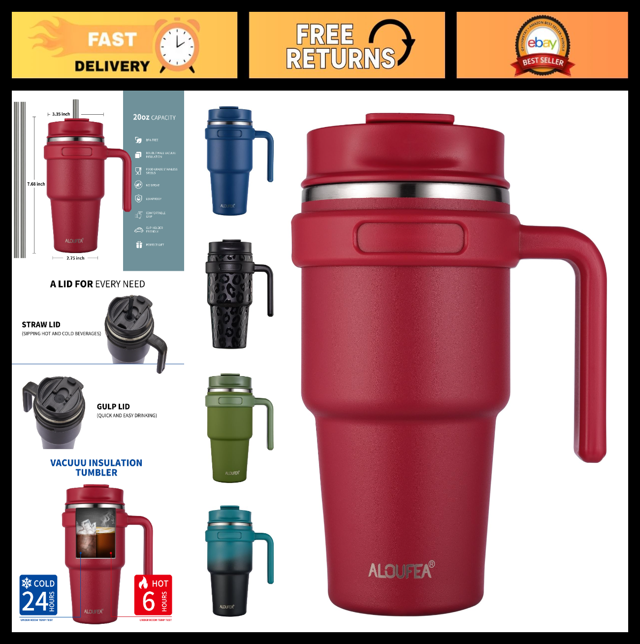 20 oz Insulated Travel Mug with Handle   Stainless Steel, Double Wall, Leak Proo0