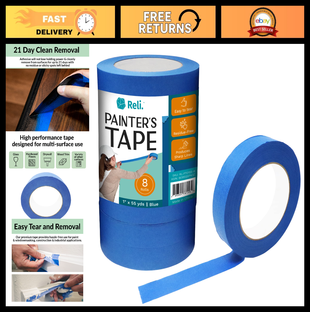 Blue Painters Tape 1 Inch Wide (8 Pack) - Professional Grade Masking Tape, 440 Y0