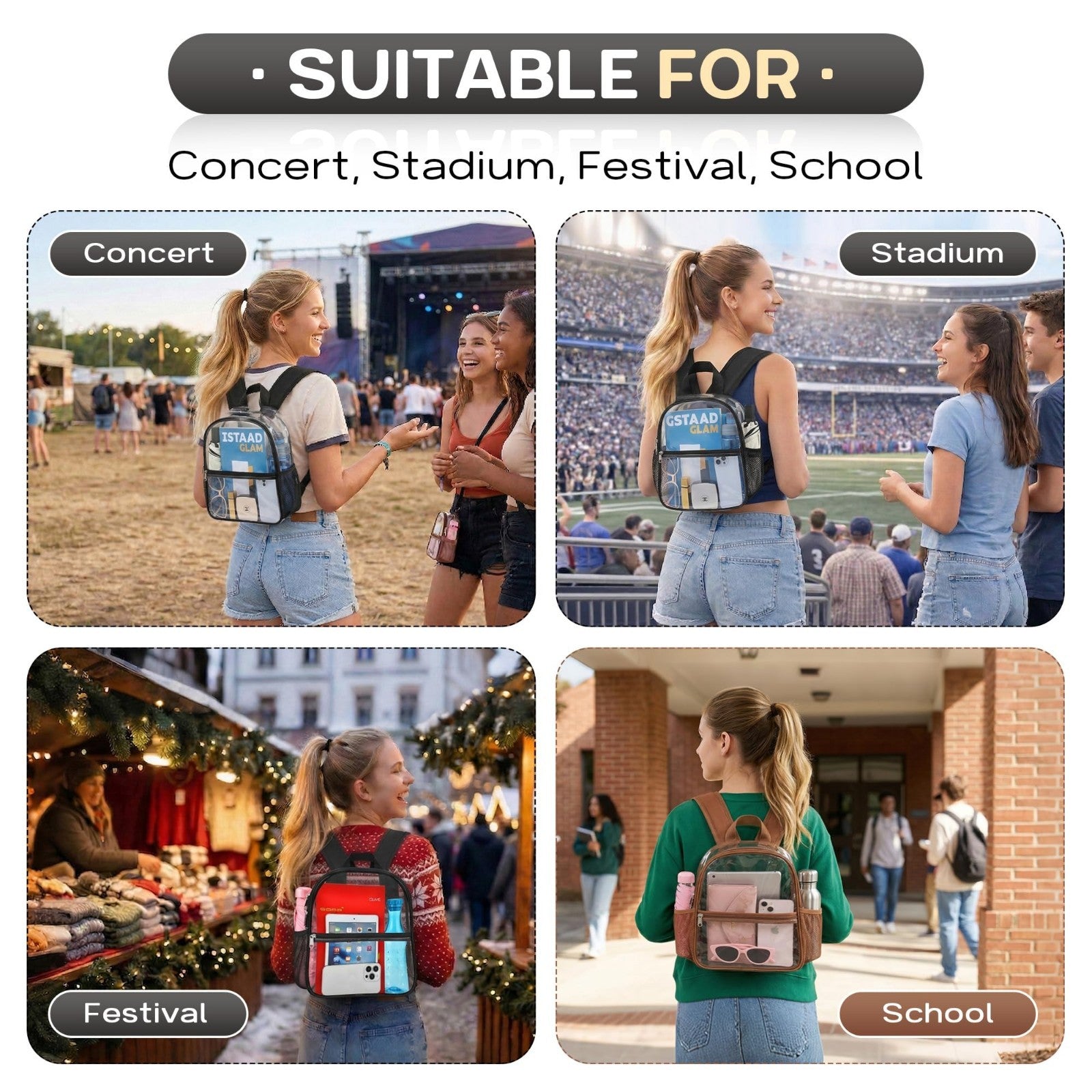 Clear Stadium Approved Backpack - Transparent 12"x6"x11" for Concerts & Events,5