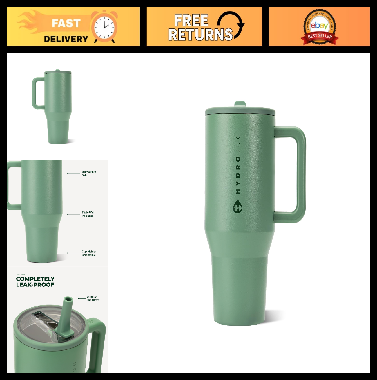 40oz Insulated Tumbler with Handle & Straw   Travel Mug, Sage Color, Durable Des0