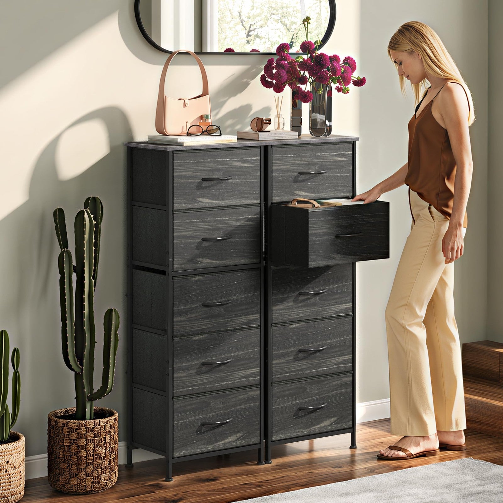 5-Drawer Tall Dresser Chest, Vertical Fabric Drawers, Black Wood Grain, Space-Sa2