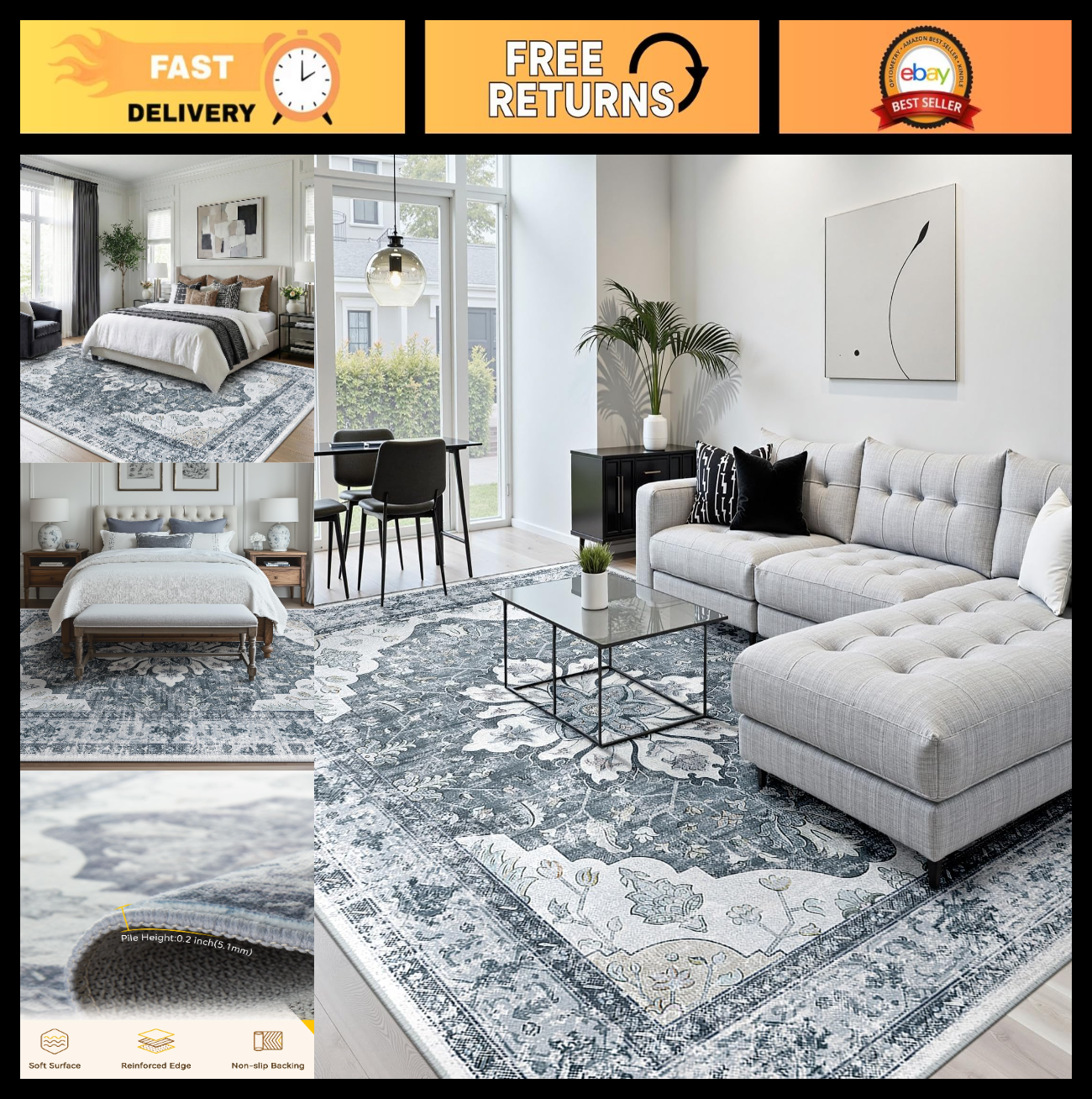 Washable 8'x10' Area Rug   Non Slip, Water Repellent, Pet Friendly, Vintage Flor0