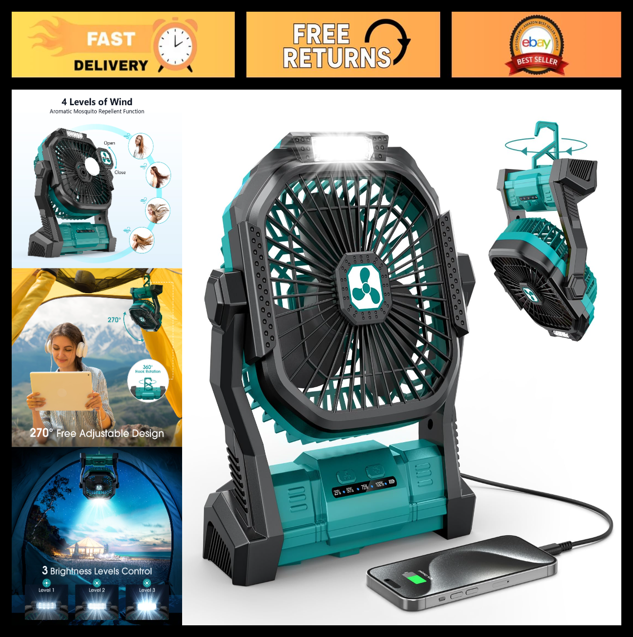 Rechargeable Portable Fan 20000mAh Battery Operated with LED Lantern for Travel,0