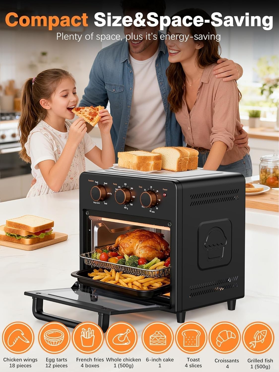 Compact 12QT Air Fryer Toaster Oven - 6-in-1 Multi-Cooker, Stainless Steel, Fast4