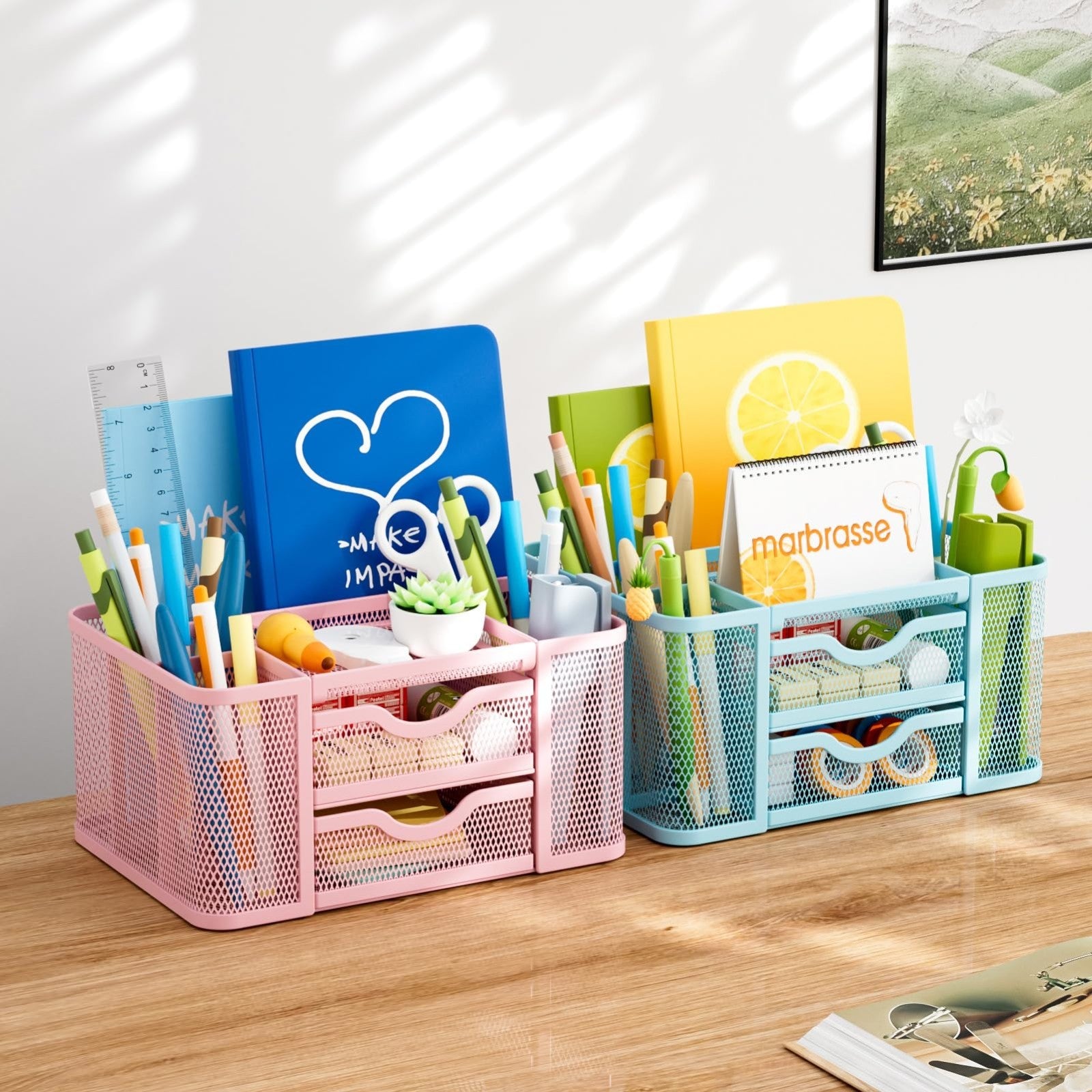 Multi Functional Mesh Desk Organizer with 2 Drawers, 5 Compartments, Blue2