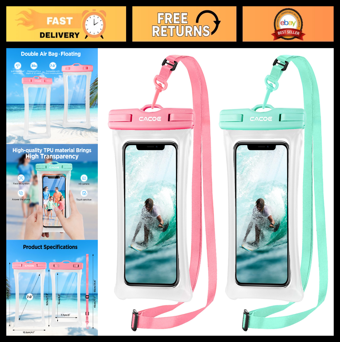 Floatable Waterproof Phone Pouch 2 Pack   IPX8 Case for Beach, Travel, Kayak, Ca0