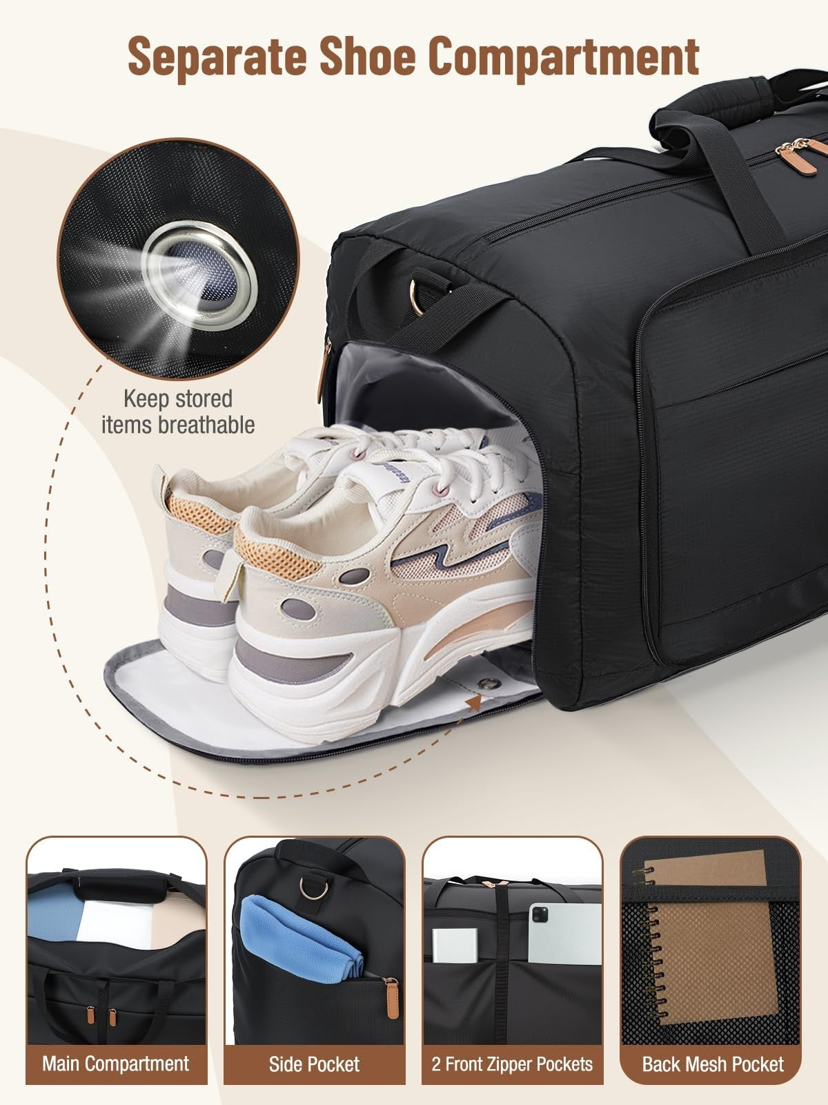 Large 80L Foldable Travel Duffle Bag for Women, Weekend Carry-On with Shoe Compa3