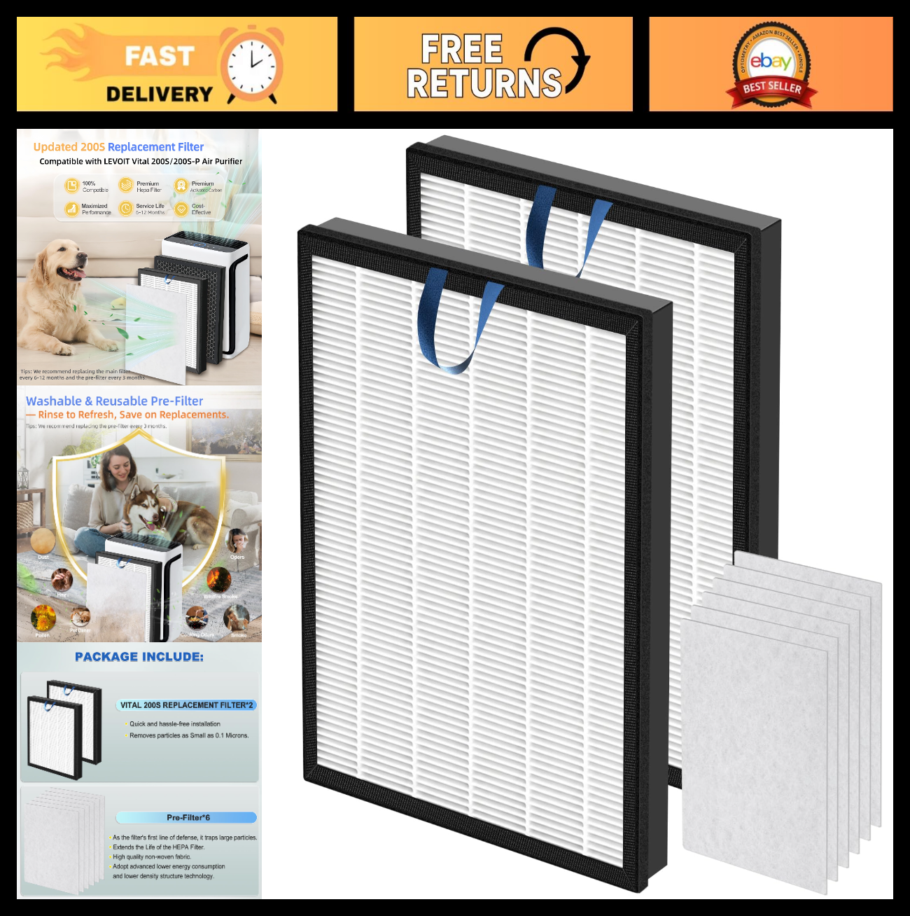 HEPA Filter Replacement for Air Purifier, True HEPA & Pre-Filters, Compatible wi0