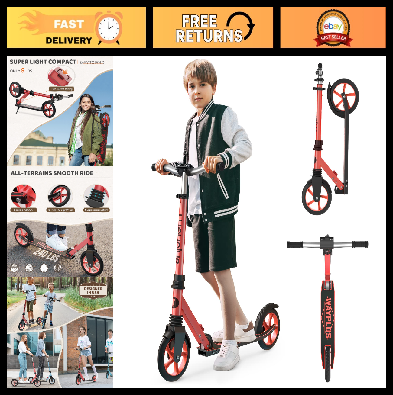 Kick Scooter for Kids, Teens & Adults - 8" Big Wheels, 240lb Capacity, Ages 6+0