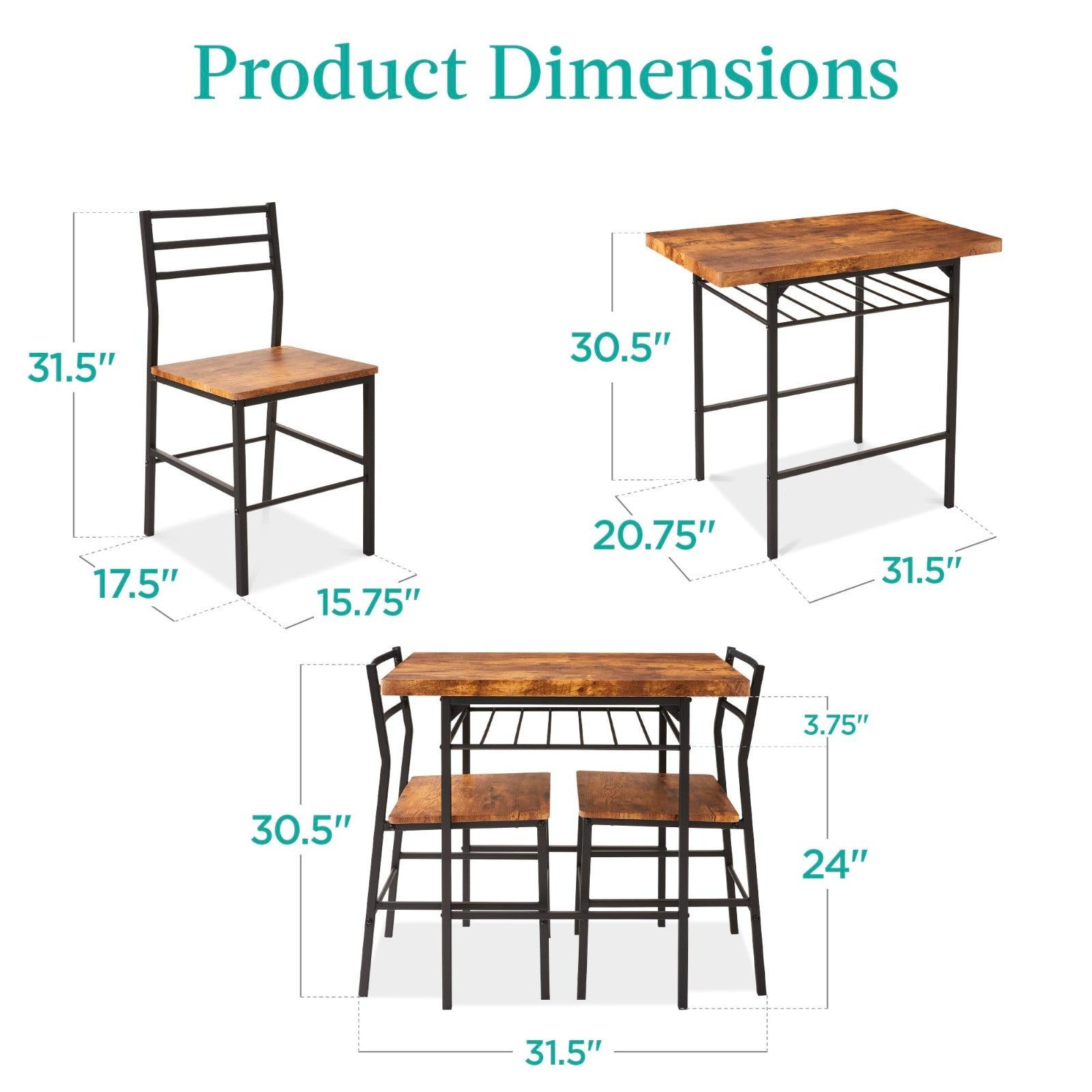 Modern 3 Piece Dining Set, Space Saving Dinette for Kitchen & Small Spaces, Stee1