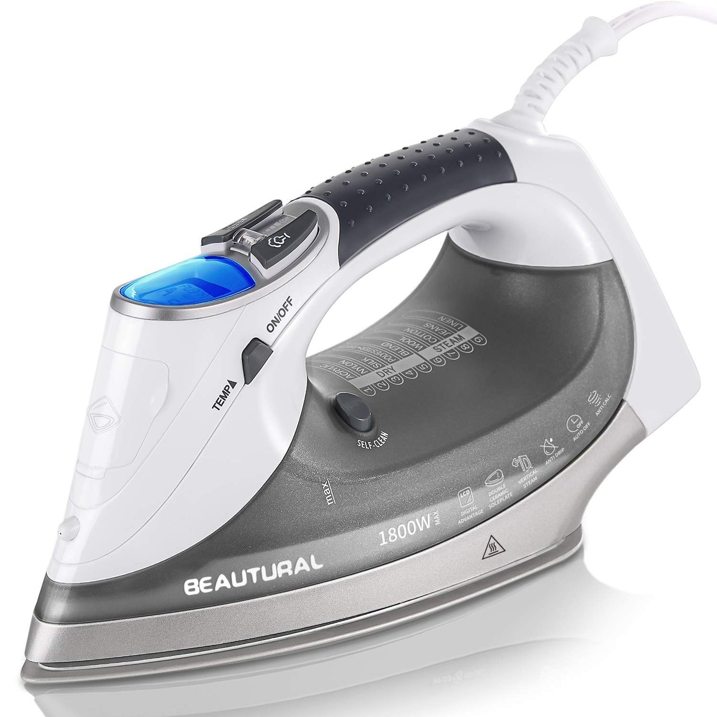 1800W Steam Iron with LCD Screen, 3-Way Auto Shutoff, Ceramic Soleplate, Burst S1