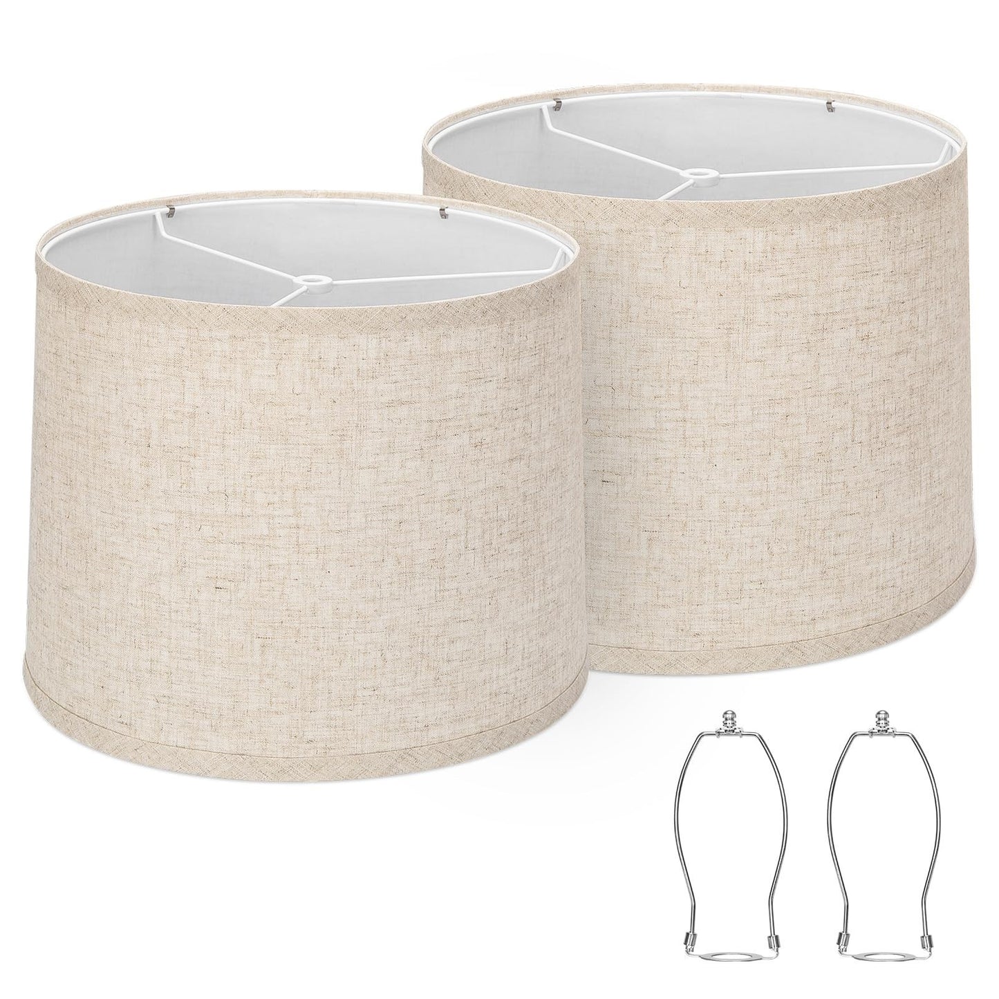 Set of 2 Beige Drum Lampshades, 11.6" Top x 12.6" Bottom, Natural Linen, Easy Fi0