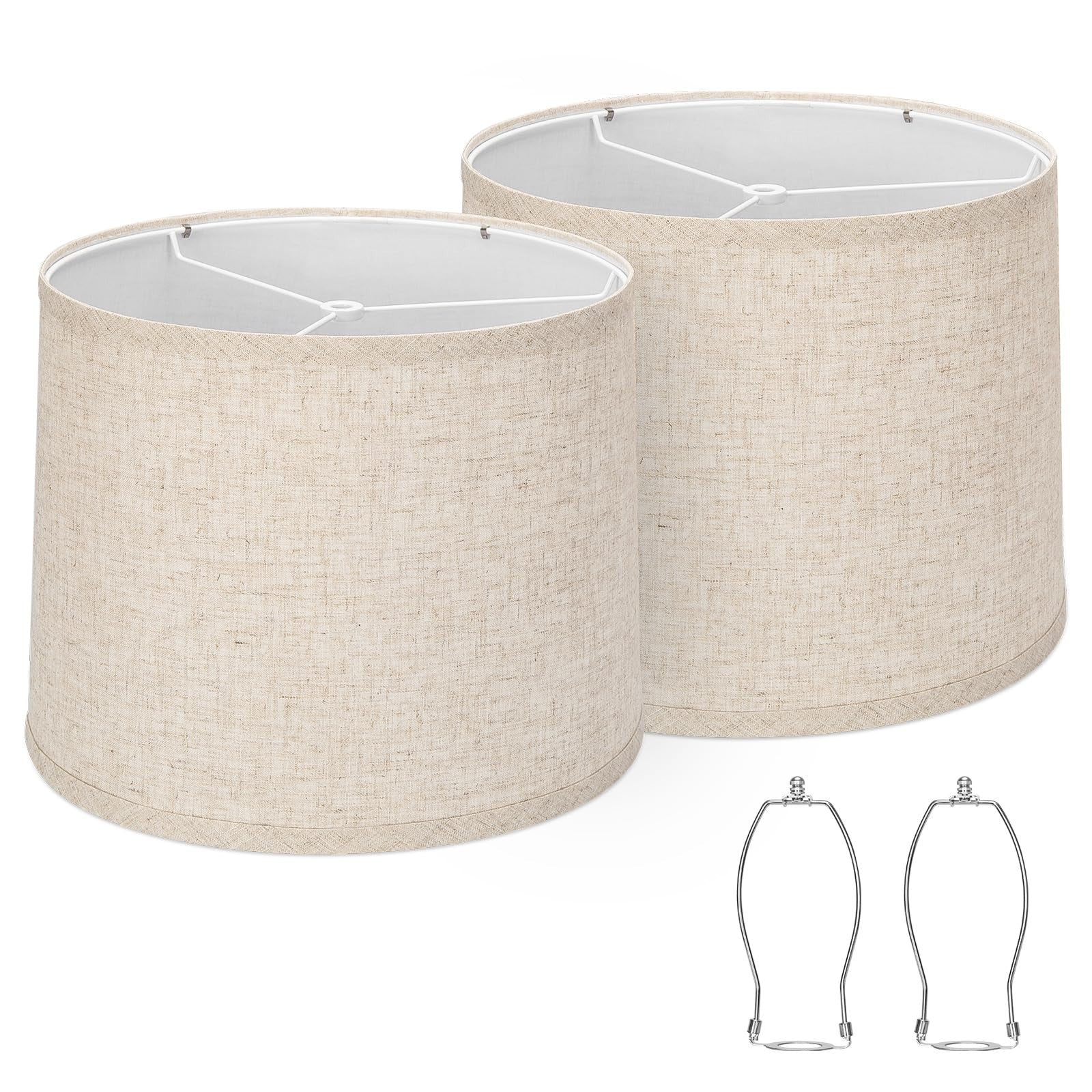 Set of 2 Beige Drum Lampshades, 11.6" Top x 12.6" Bottom, Natural Linen, Easy Fi0