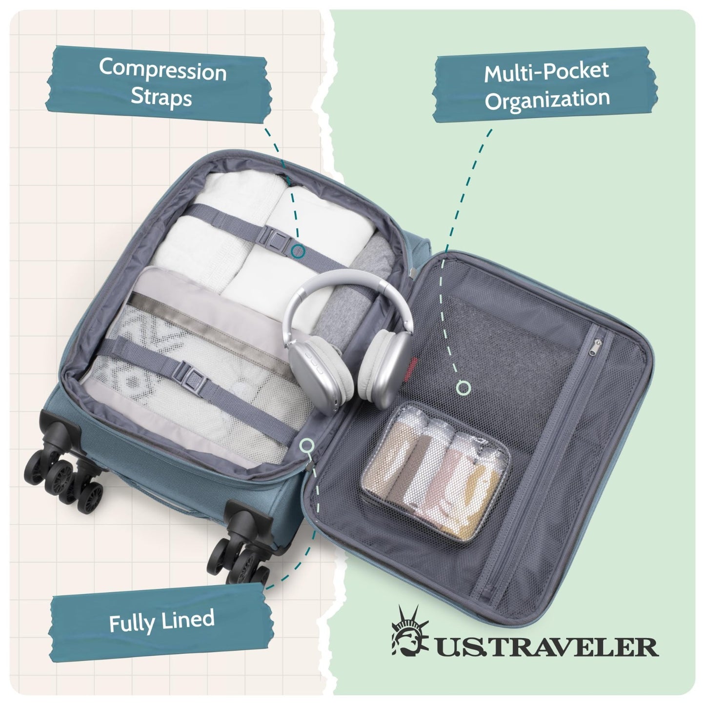 Lightweight Softside Rolling Carry-on Suitcase, 4-Wheel Travel Luggage, Teal4