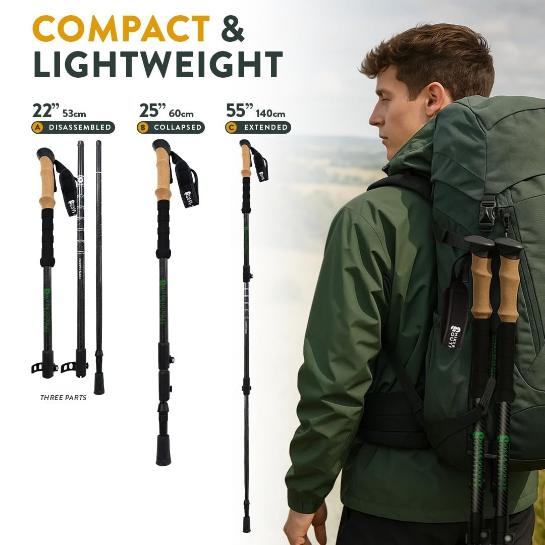 Lightweight Carbon Fiber Trekking Poles - Collapsible Hiking Sticks with Cork Gr6