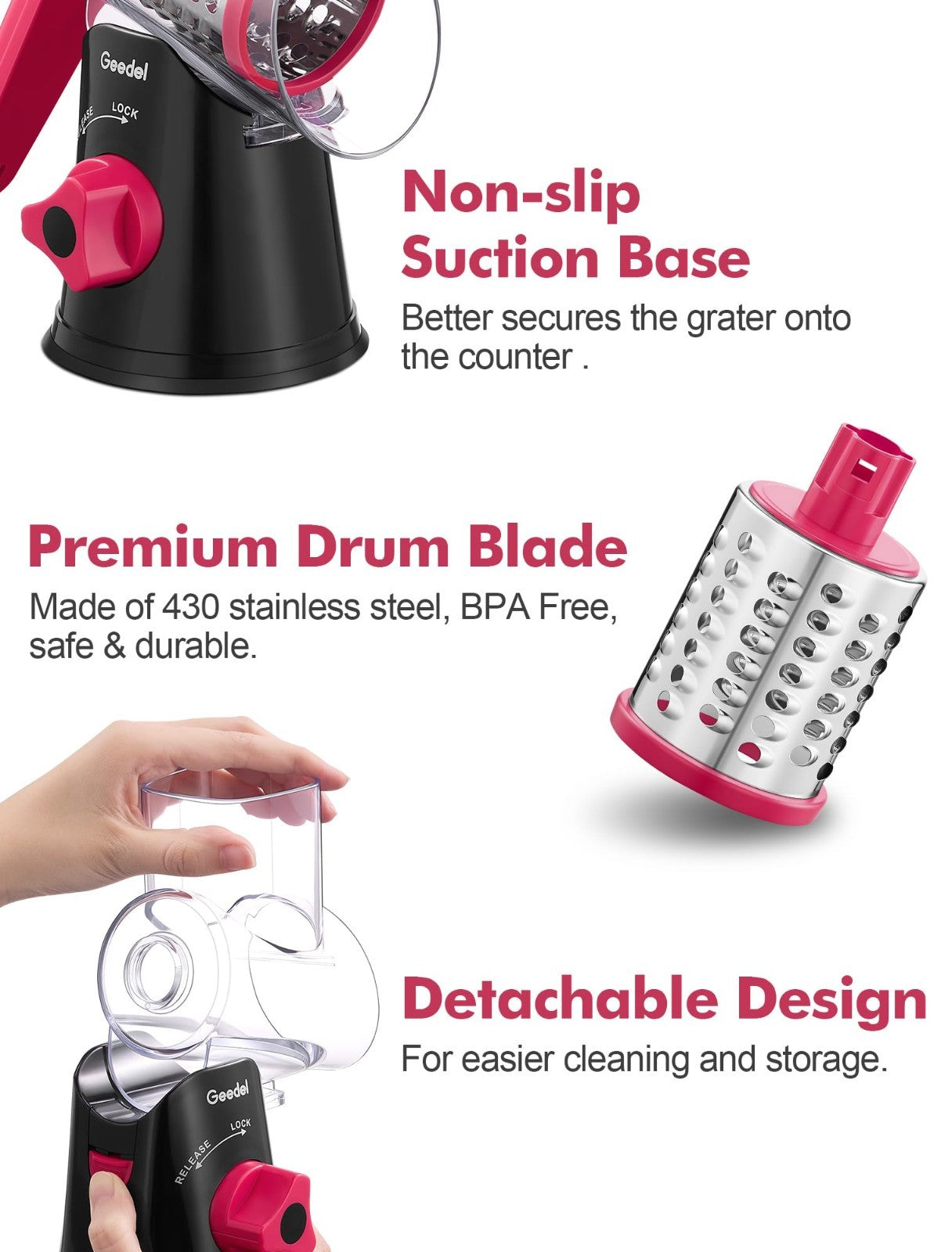 Hand Crank Rotary Cheese Grater & Vegetable Slicer   3 Blades, Stainless Steel,7