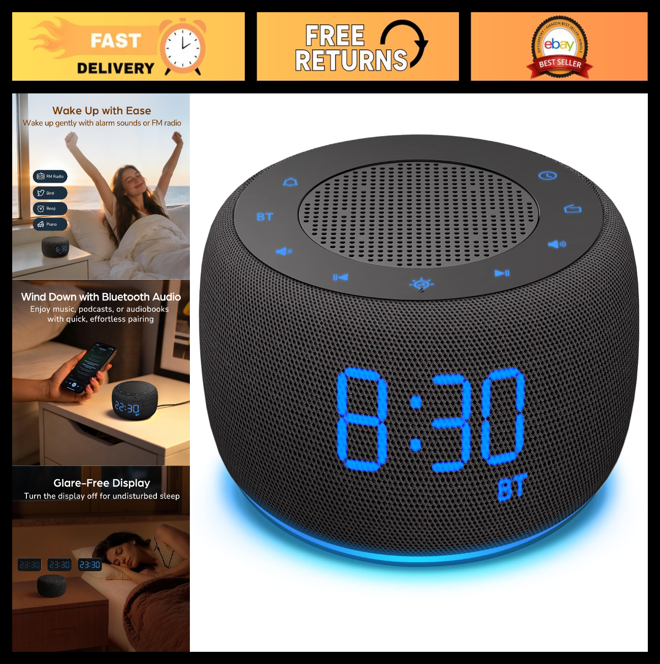 Bluetooth Alarm Clock with FM Radio, Gradual Wake Up Sounds, Dimmable Display &0