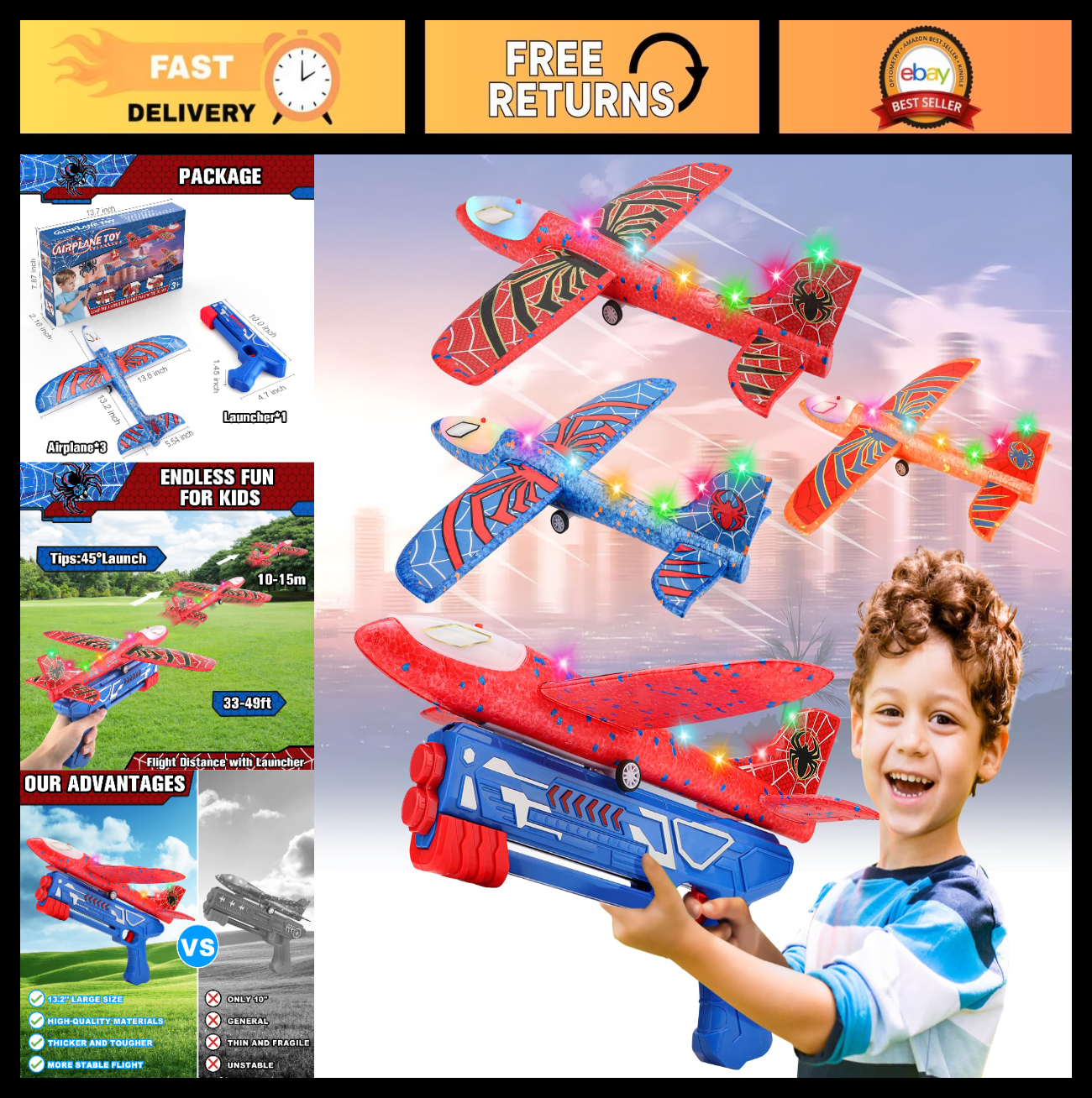 3 Pack LED Foam Glider Airplane Launcher Toys | Catapult Plane, 2 Flight Modes,0