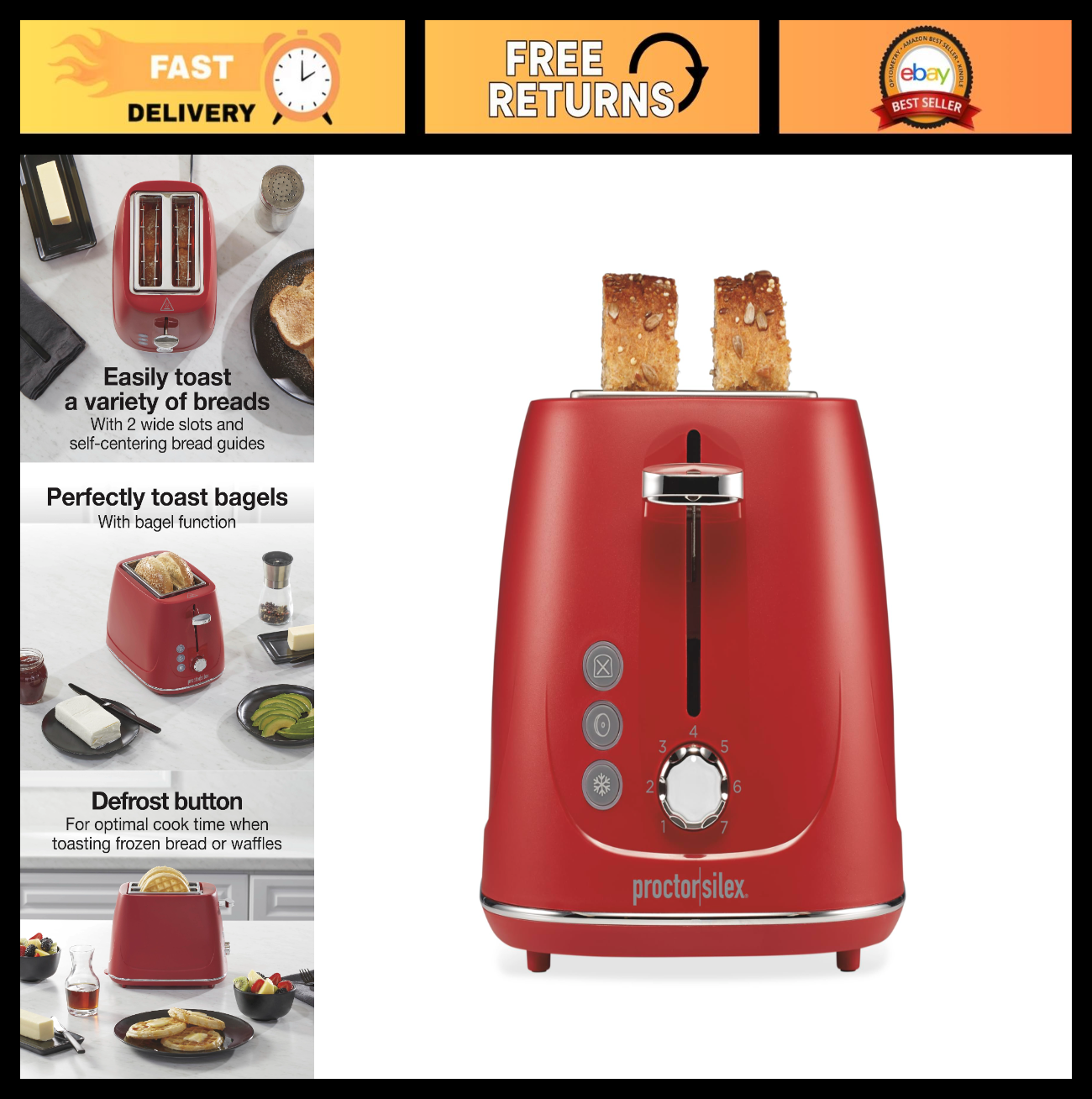 2 Slice Toaster with Bagel & Defrost Functions, 7 Shade Browning Control, Auto S0