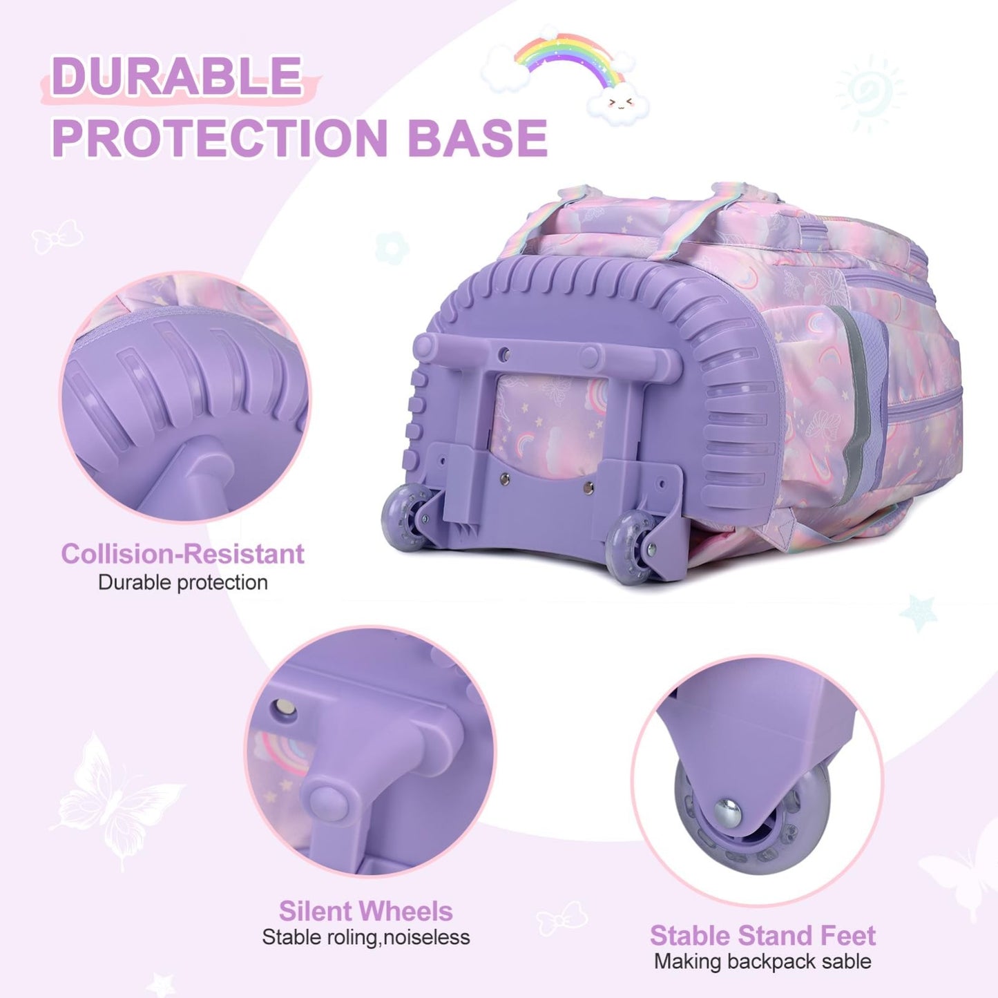 3PCS Girls Rainbow Butterfly Rolling Backpack Set with Lunch Box   Purple4