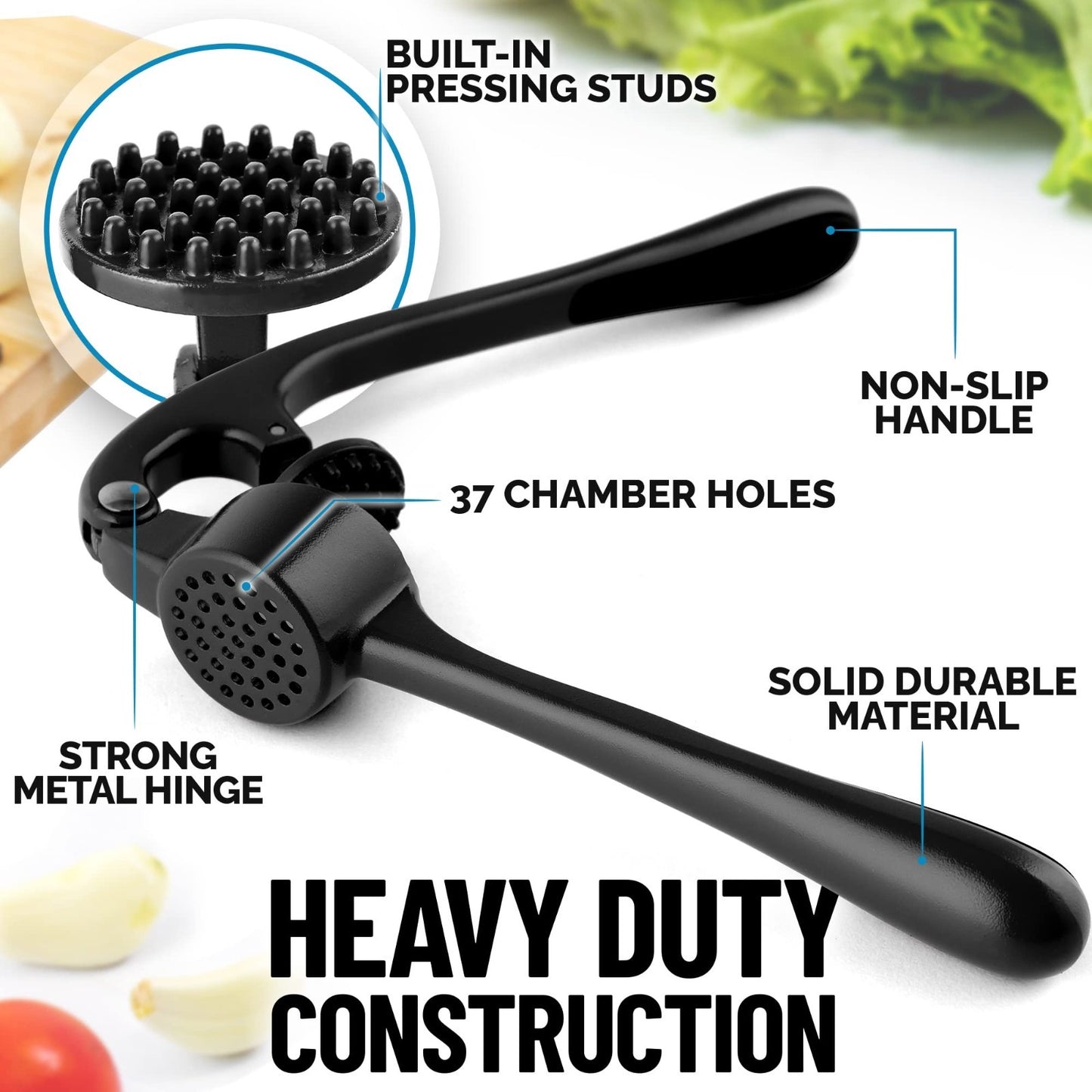 Premium Garlic Press Set   Rust Proof Mincer Tool with Ergonomic Handle & Peeler4