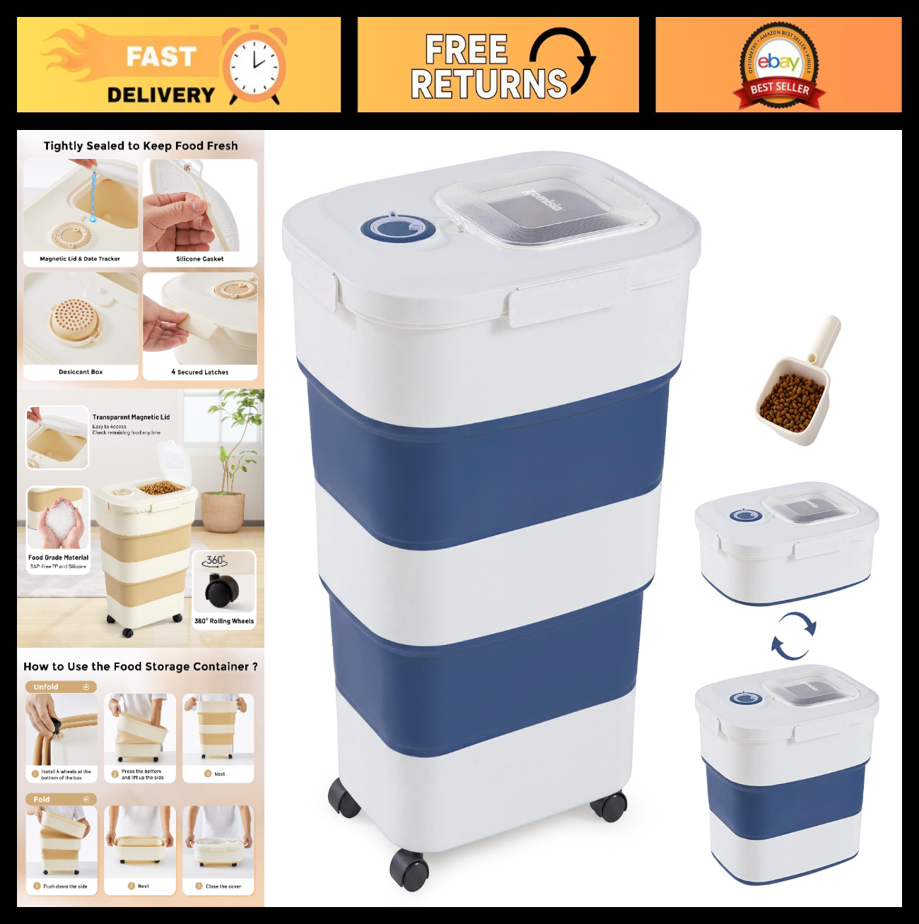 Large Airtight Dog Food Storage Container 40-50lbs, Collapsible with Wheels, Sco0
