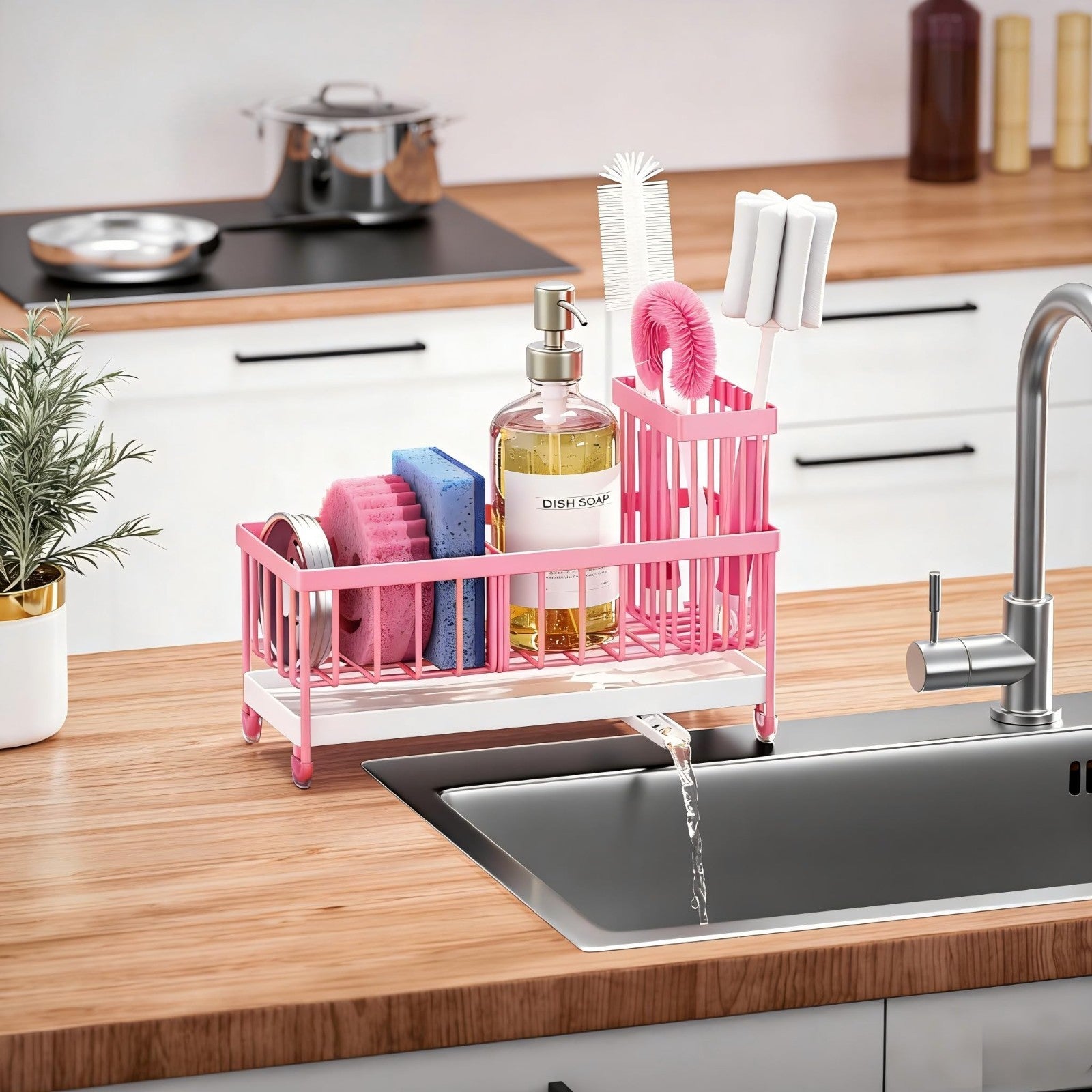 Kitchen Sink Sponge Holder Caddy Organizer, Rustproof Stainless Steel, Pink, 9.26