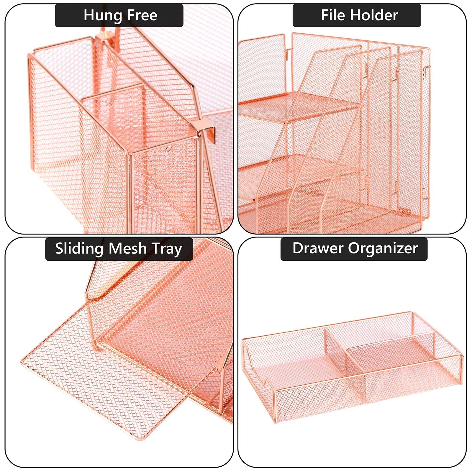 Rose Gold Desk Organizer Caddy with Sliding Drawer, Double Tray & Pen Holder   O6
