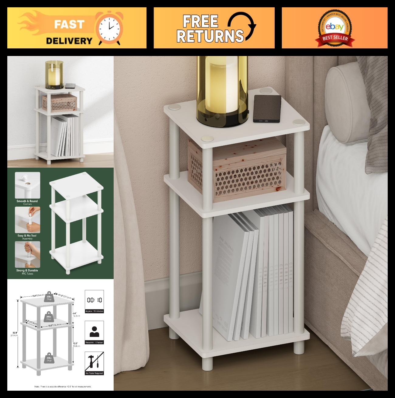 3-Tier Open Storage Nightstand, Modern White Design, Easy Assembly, Versatile Us0