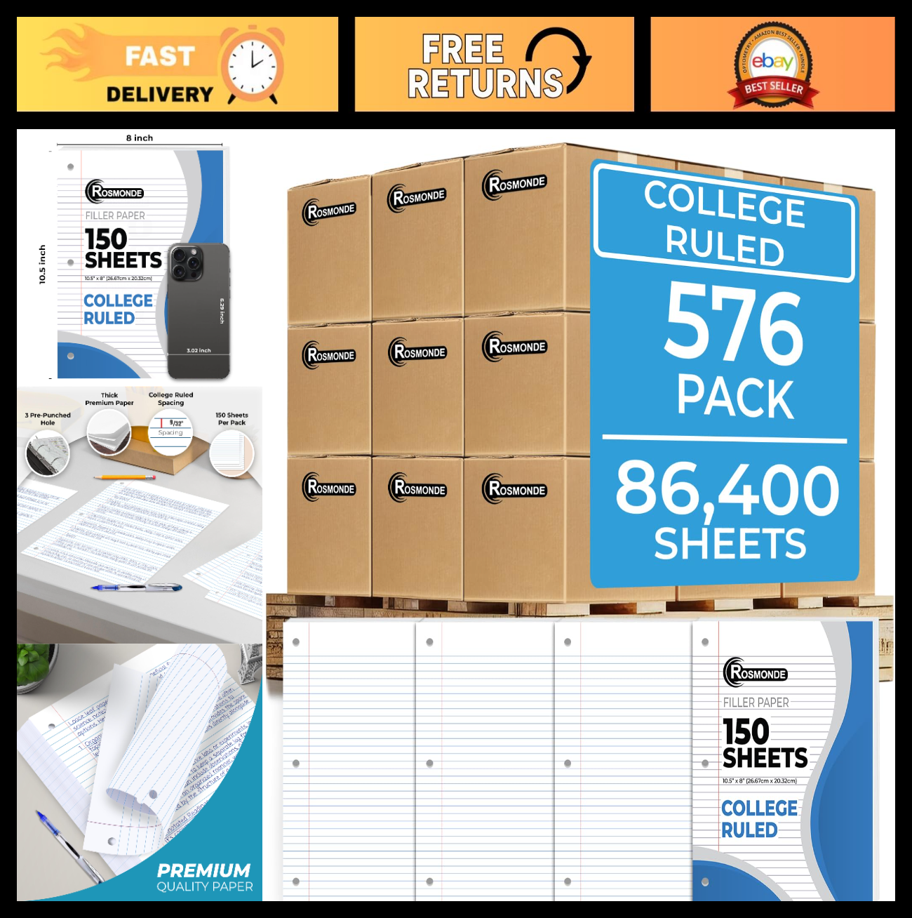 576 Pack Loose Leaf Paper Bulk   86400 Sheets, College Ruled, 3 Hole Punched, Fi0