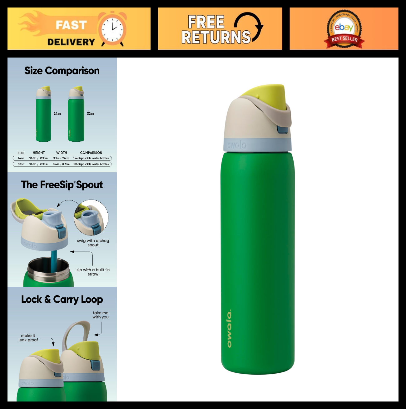 Insulated Stainless Steel Water Bottle with Straw, BPA Free, 32 Oz, Travel Frien0