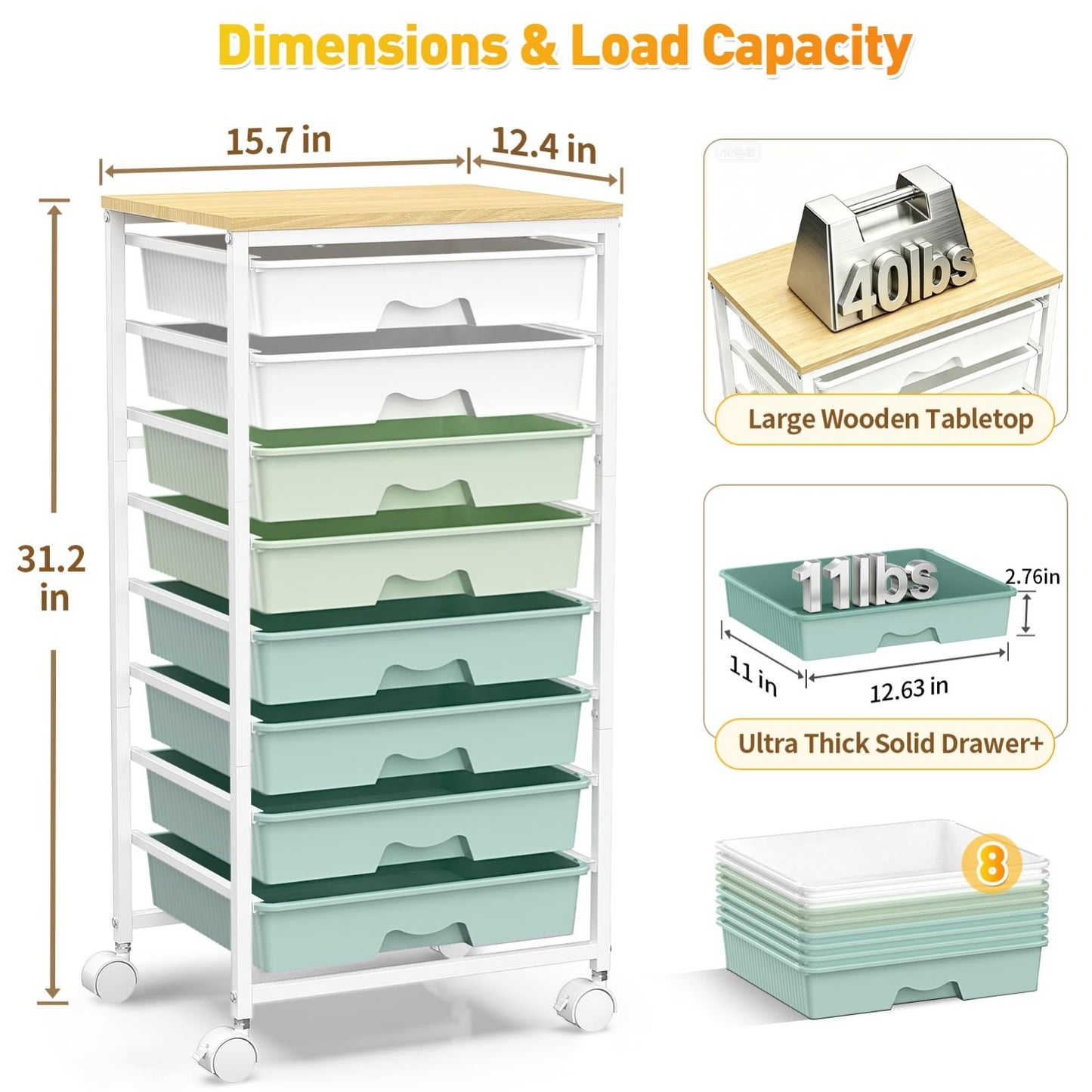 8 Drawer Rolling Storage Cart with Wooden Top & Lockable Wheels   Craft & Office2
