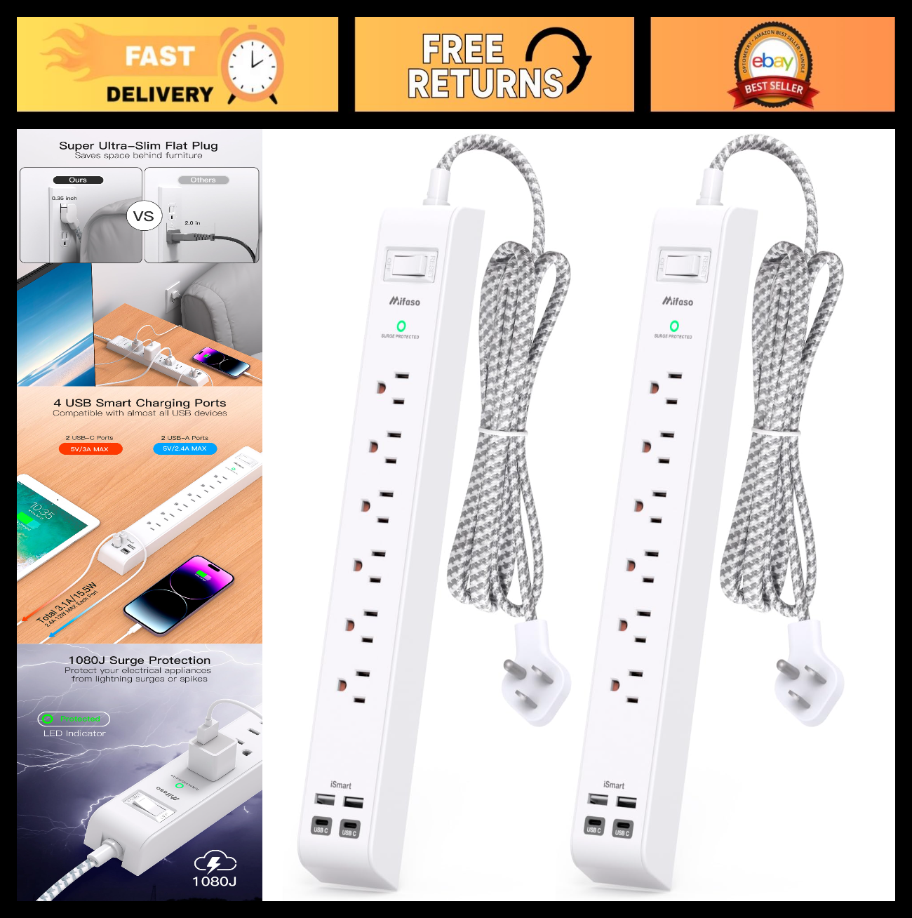 2 Pack Surge Protector Power Strip with Flat Plug, 6 Outlet Extension Cord0
