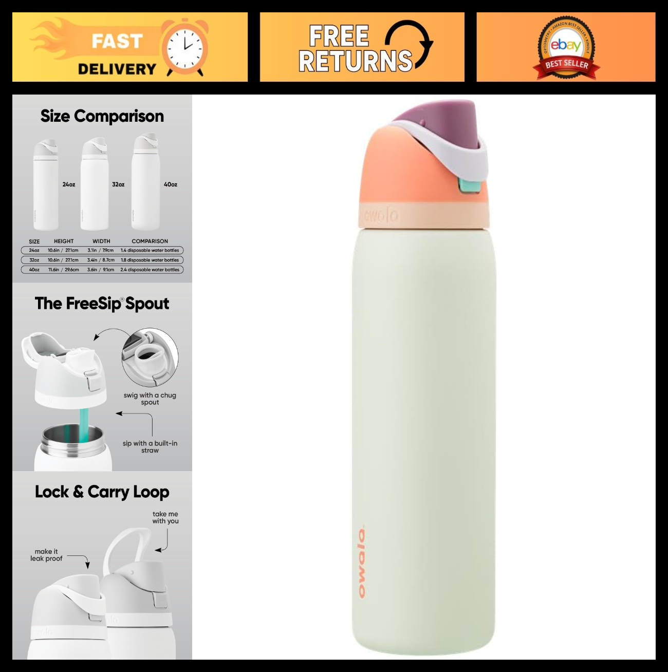Insulated Stainless Steel Water Bottle 32 oz with Straw   BPA Free, Travel & Spo0