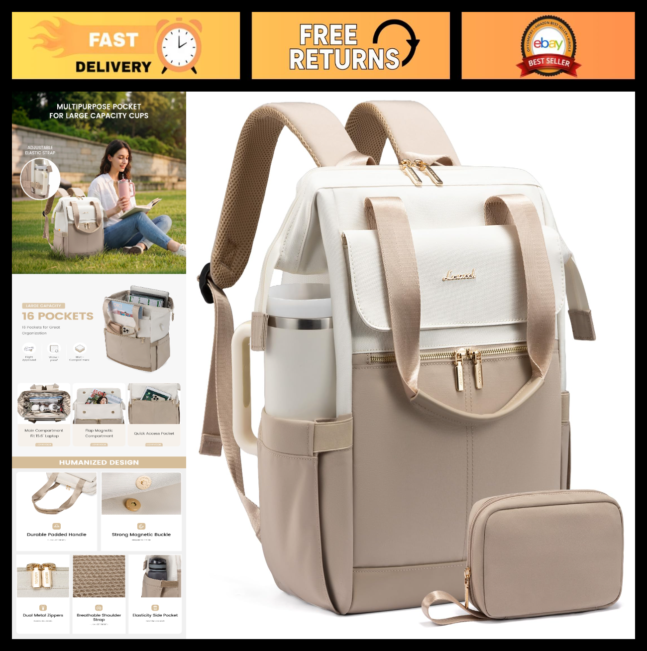Stylish 15.6" Laptop Backpack for Women, USB Port, Waterproof Travel Bag, 2PCS0