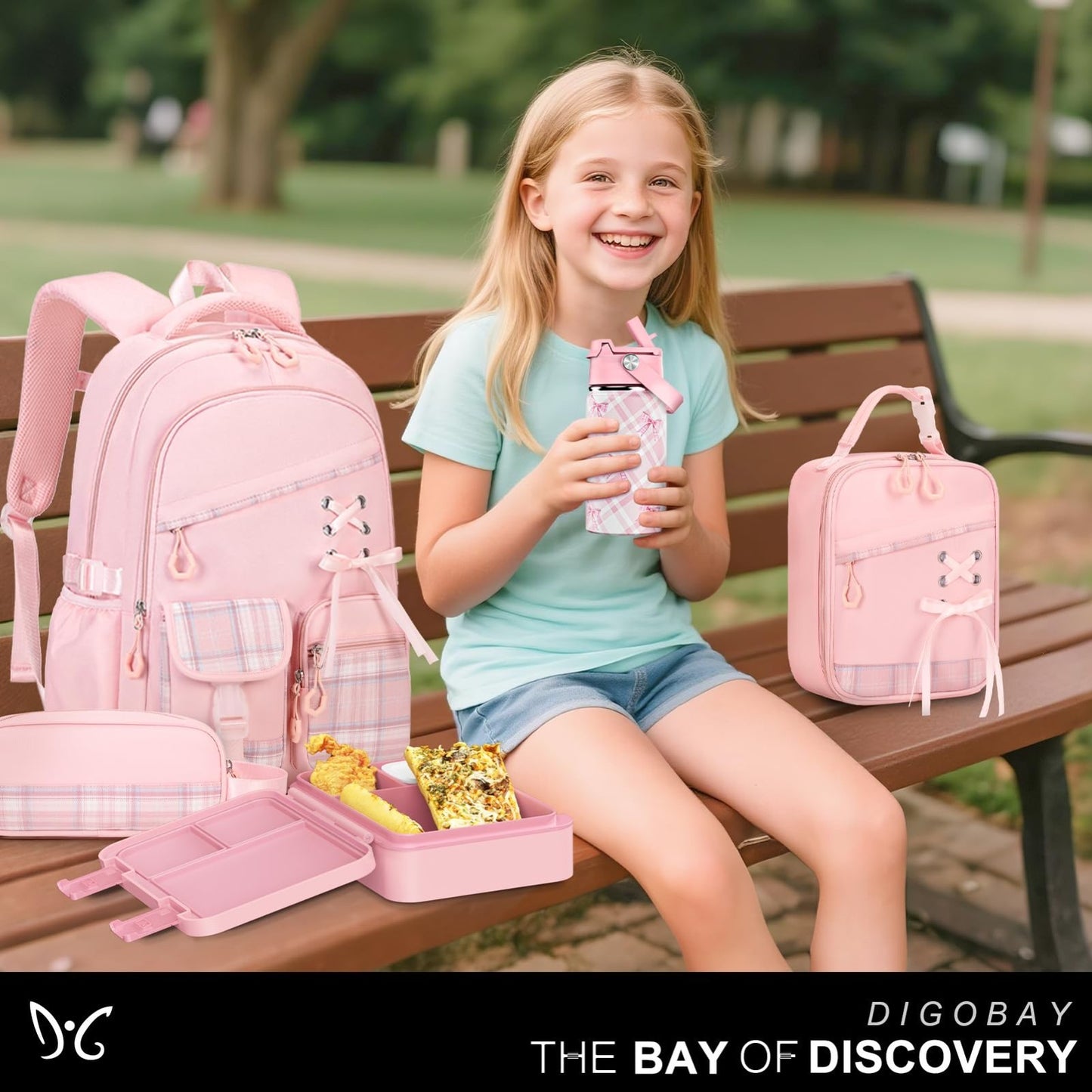 9PCS Girls Backpack Set with Lunch Bag, Pencil Case, Bento Box & Water Bottle  2