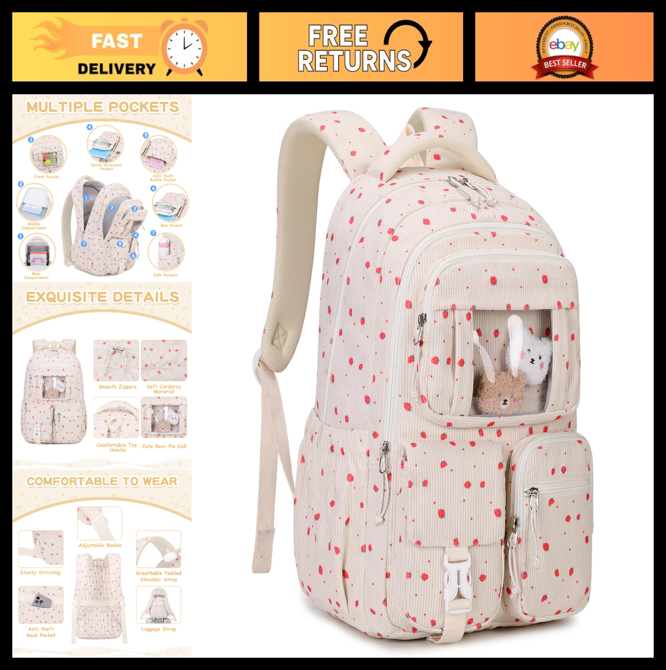 Kawaii Corduroy Backpack for Girls - Cute School Bag for Middle & Elementary Stu0