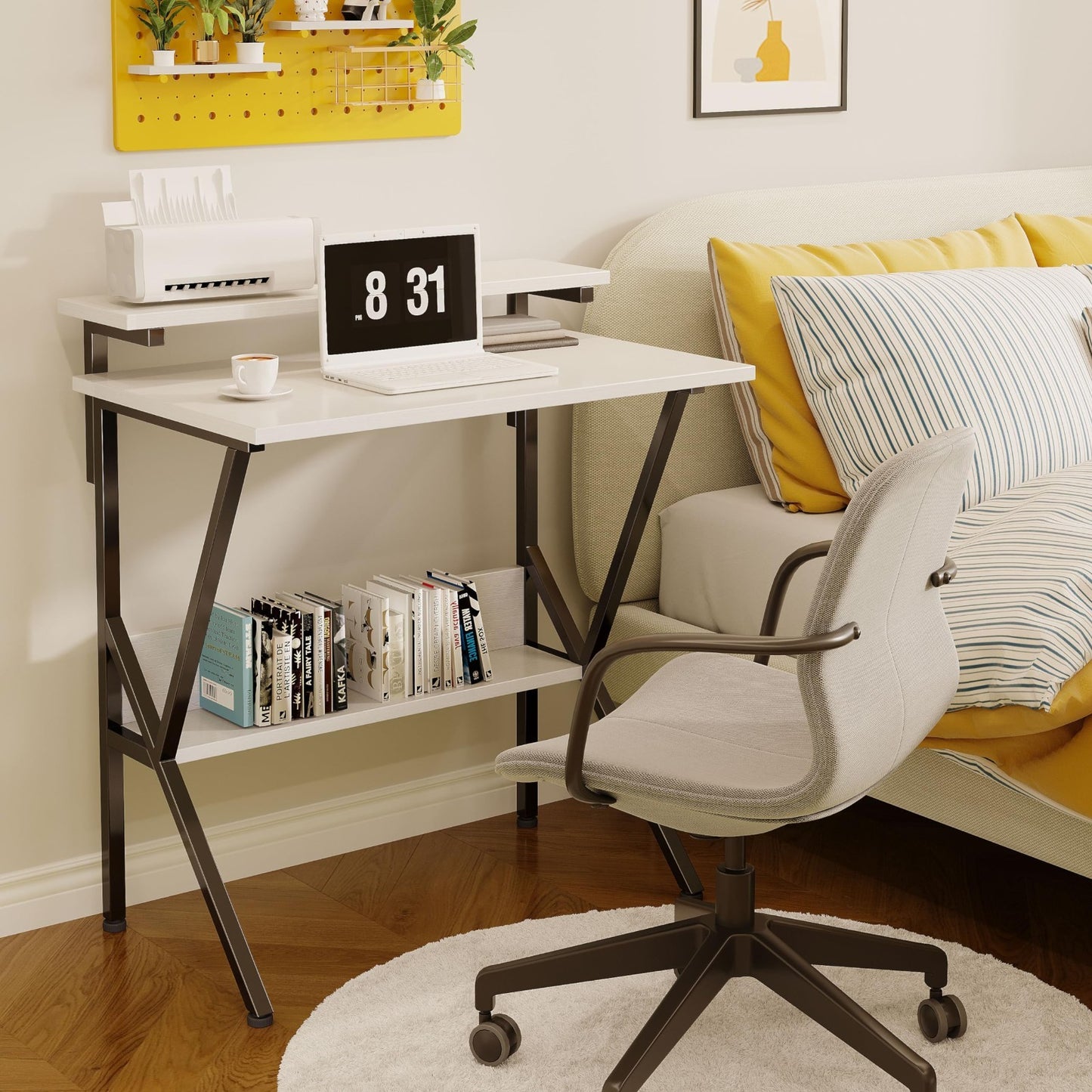 Compact 27.5" Computer Desk with Adjustable Monitor Stand & Storage - White/Blac2
